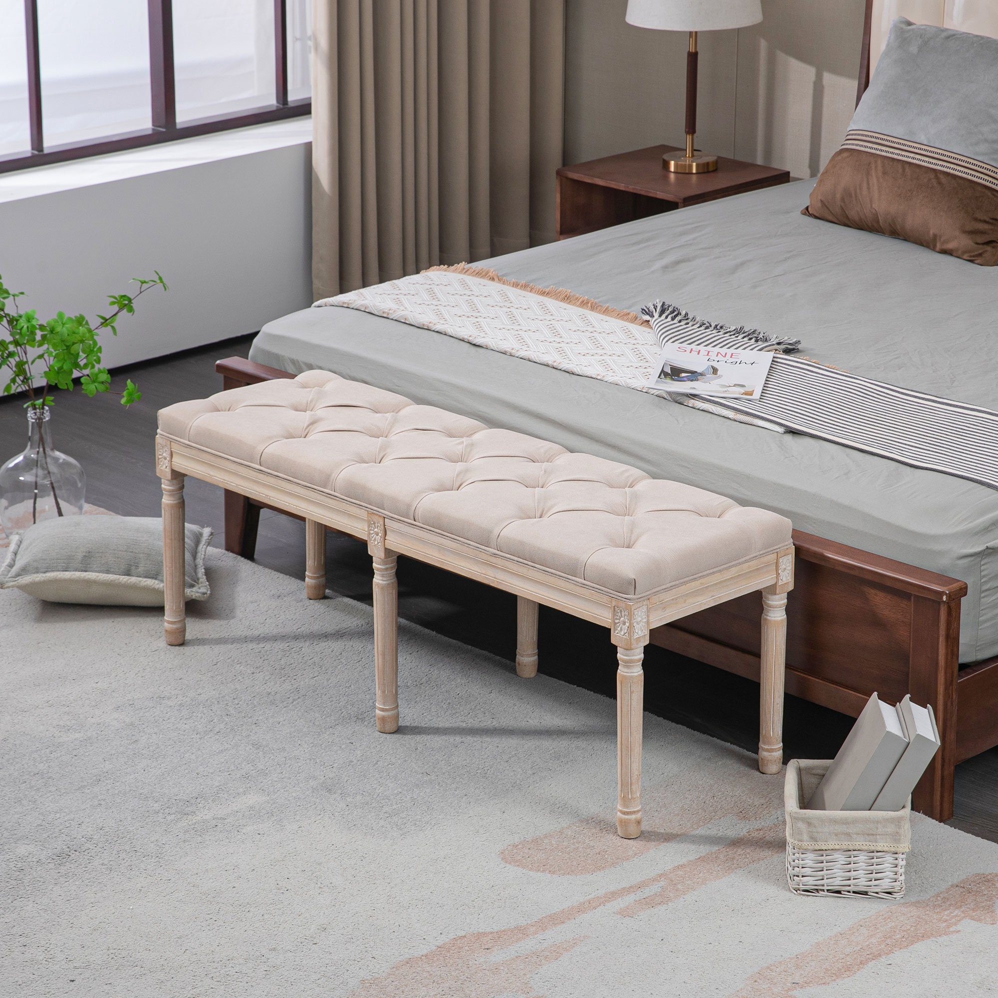 HOMCOM Polsterbank Schlafzimmerbank mit Knöpfen (Sitzbank, 1-St., Bettbank), Beige 117 x 40 x 48 cm