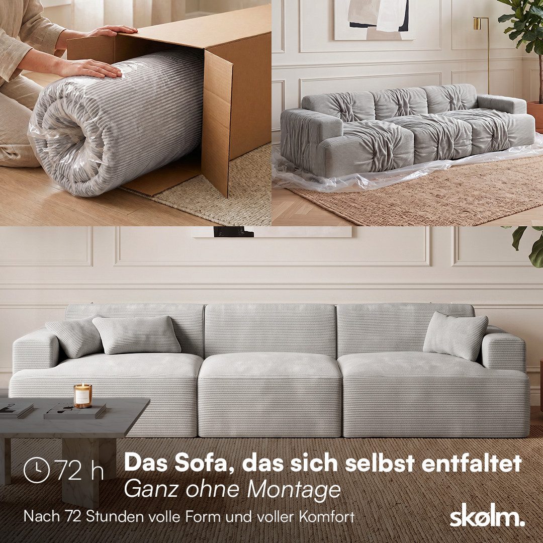 skølm Sofa Freki aus Cord, Vollschaumcouch mit Federkern und Vakuum-Kompression, Grau, Couch 3 Sitzer mit 3 Kissen, kein Aufbau erforderlich, 319 cm breit, gepolstert, vakuumiert