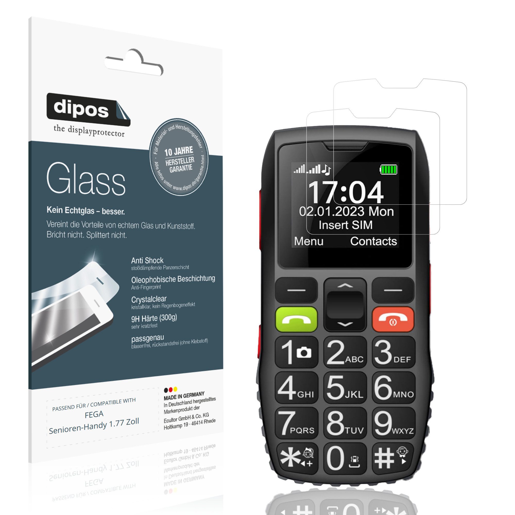 dipos Displayschutzfolie Schutzfolie für FEGA Senioren-Handy 1.77 Zoll, 2 Stück, Displayschutz Schutz Folie Made in Germany