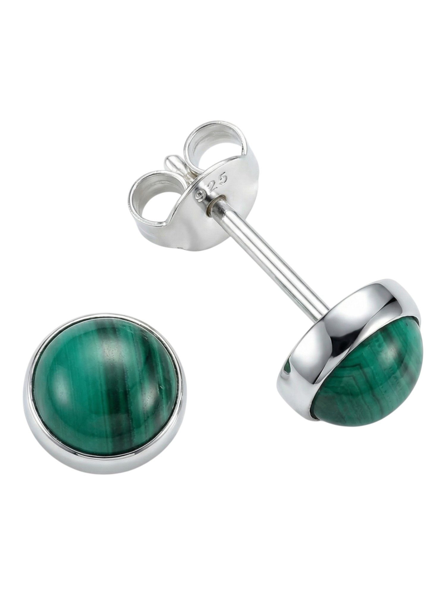 mantraroma Paar Ohrstecker SAMA rund klein aus 925 Silber mit Malachit (Paar, Paar Ohrringe mit Schmuckbeutel), 925 Sterling Silber Ohrringe für Damen