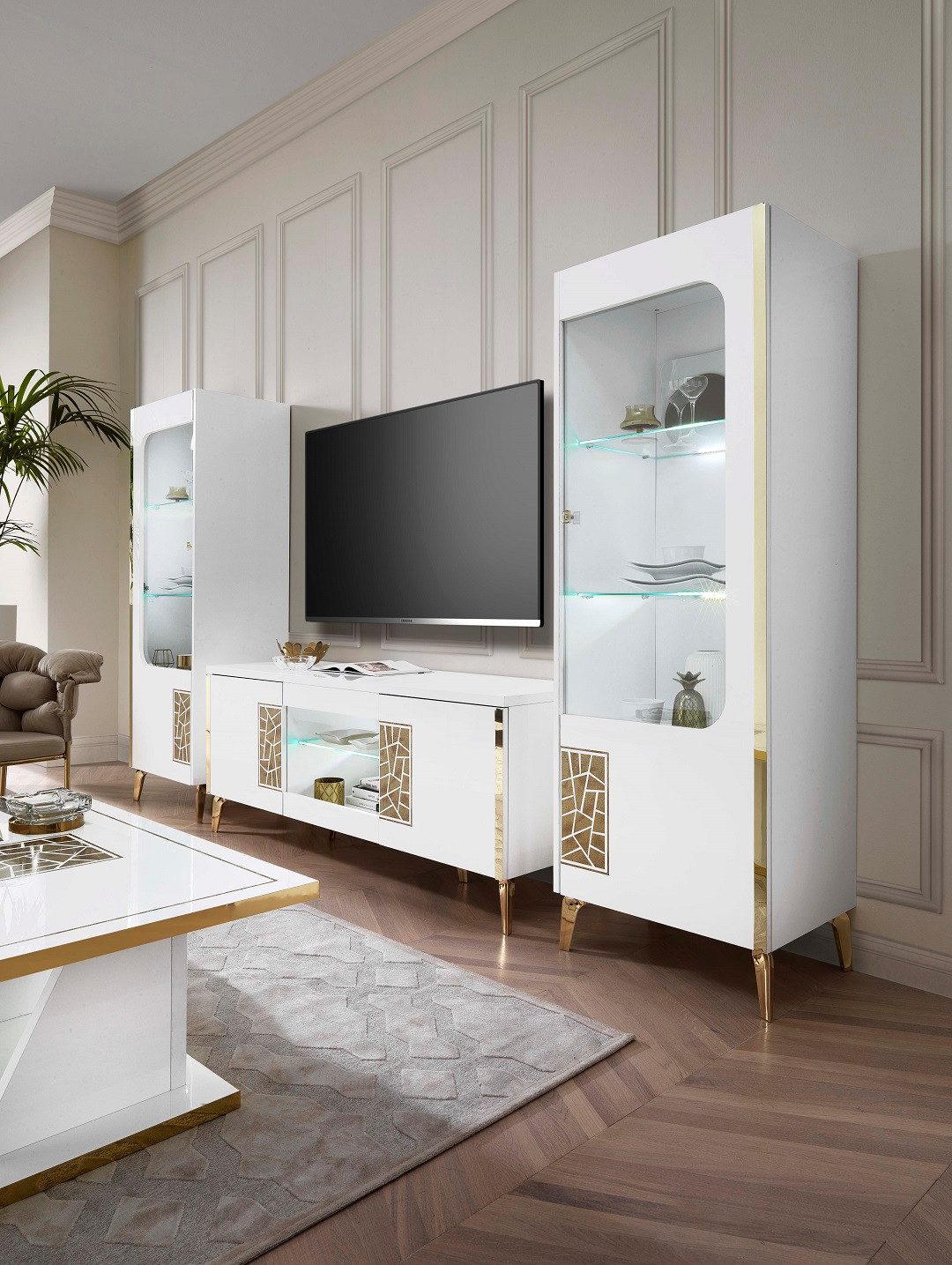 Interdesign24 Glasvitrine Stella (1-Türig, in Weiß/Gold Hochglanz) Made in günstig online kaufen