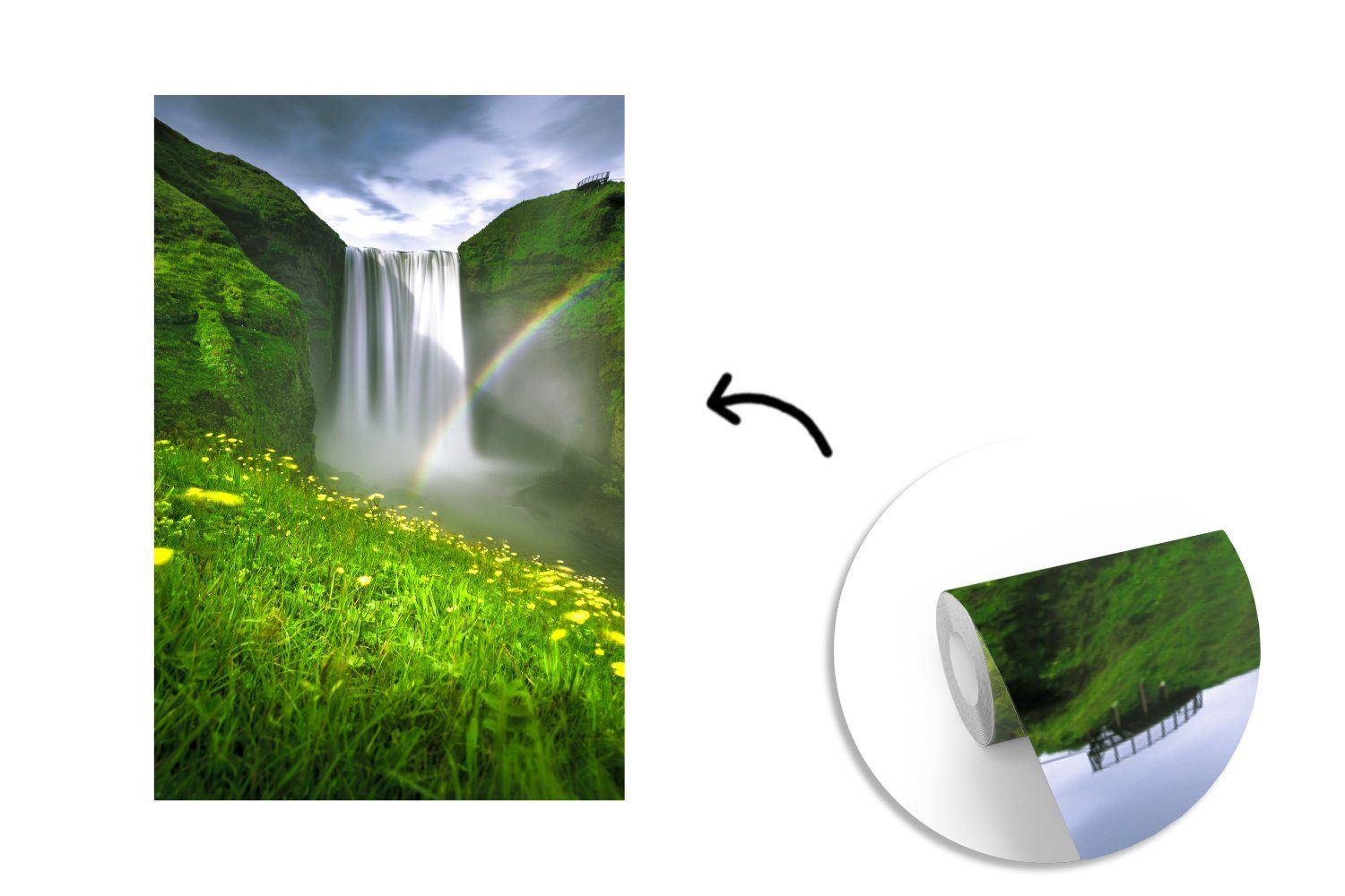 MuchoWow Fototapete Regenbogen - Wasserfall Matt, bedruckt, Wandtapete Tapete Natur, für Wohnzimmer, (3 St), Montagefertig Vinyl 