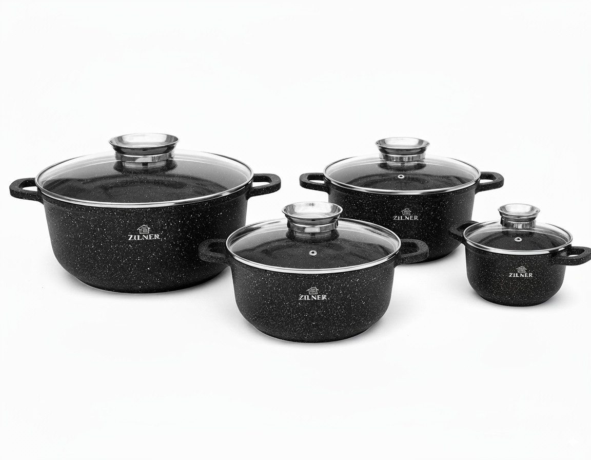 Zilner Topf-Set Schwarze Töpfe mit Keramik-Marmorbeschichtung 4 verschiedenen Größen, Aluminium, Aluminiumguss (Verleihen Sie Ihrer Küche Eleganz und genießen Sie gesundes, köstliches Kochen mit diesem hochwertigen 4-teiligen Topf-Set in elegantem Schwarz, 8-tlg., Zeitloses Design des Topfsets. Eine ideale Geschenkidee)
