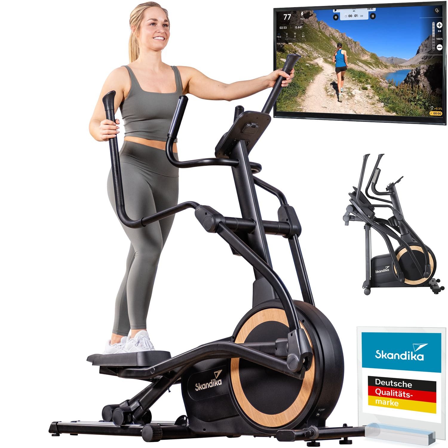 Skandika Crosstrainer Carbon P25-G, Heimtrainer mit Generator, klappbar, bis 150 kg (Magnetbremssystem, Schrittlänge 43 cm, Max. Pedalhöhe 45 cm), 23 Programme, App kompatibel, bis 135 kg, 16 Widerstandsstufen