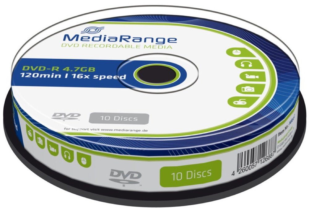 Mediarange DVD-Rohling 10 Mediarange Rohlinge DVD-R 4,7GB 16x Spindel