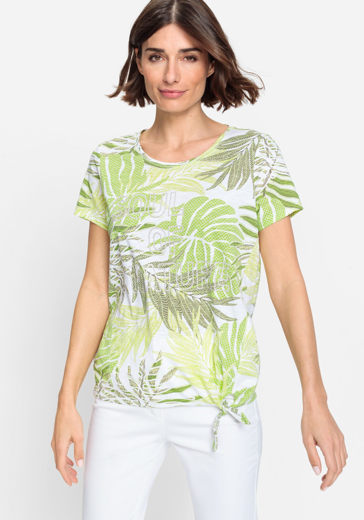 Olsen Rundhalsshirt, Mit vollflchigem Bltterprint und Text aus ...