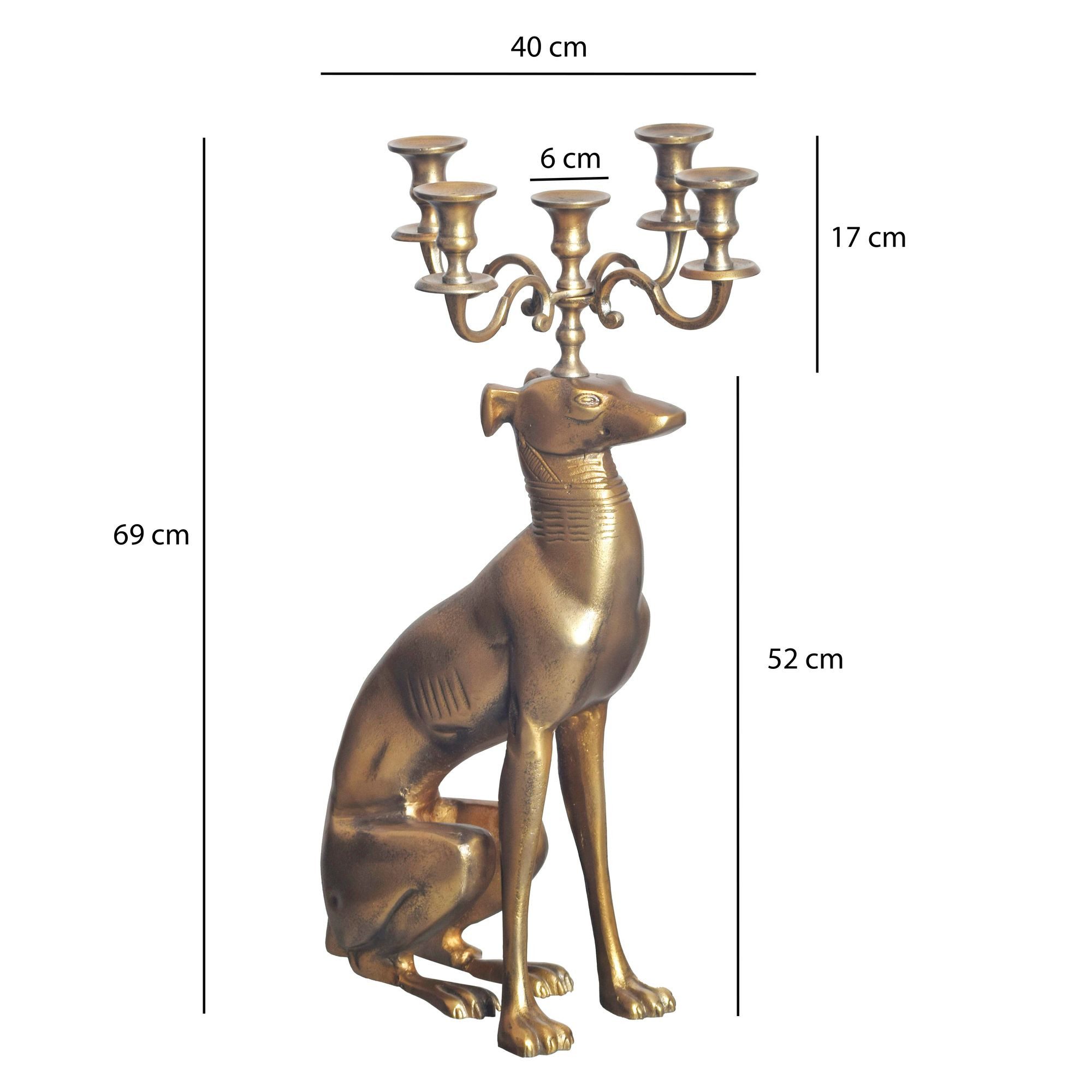 FINEBUY Kerzenständer (Kerzenständer Hund, 5-armiger Kerzenleuchter), Kerzenhalter Windhund Aluminium Gold 69 cm Modern