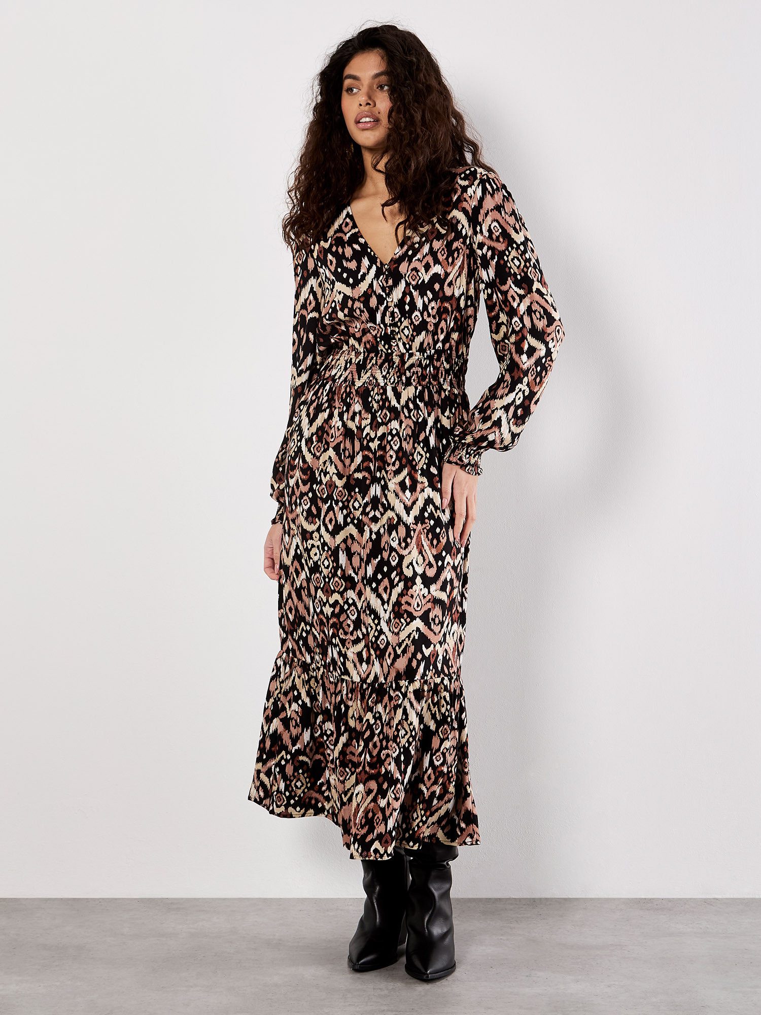 Apricot Druckkleid Midaxikleid mit Smokdetails günstig online kaufen