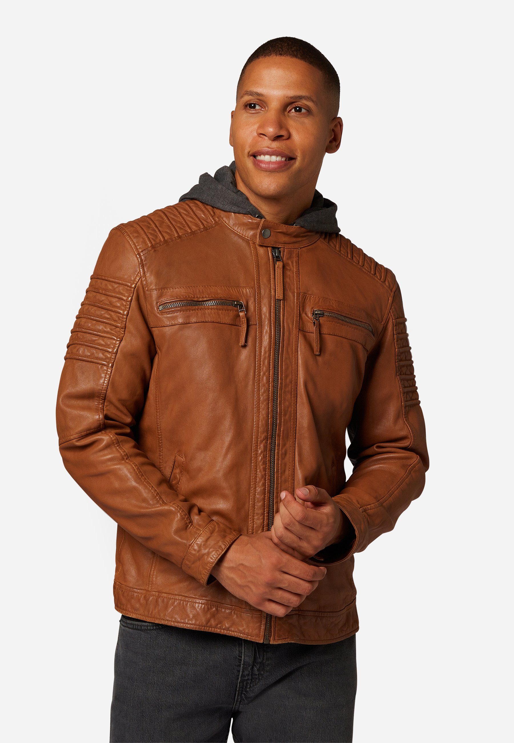 RICANO Lederjacke 12815 Hood abtrennbare Kapuze mit Kordelzug, hochwertiges Lamm Leder cognac braun