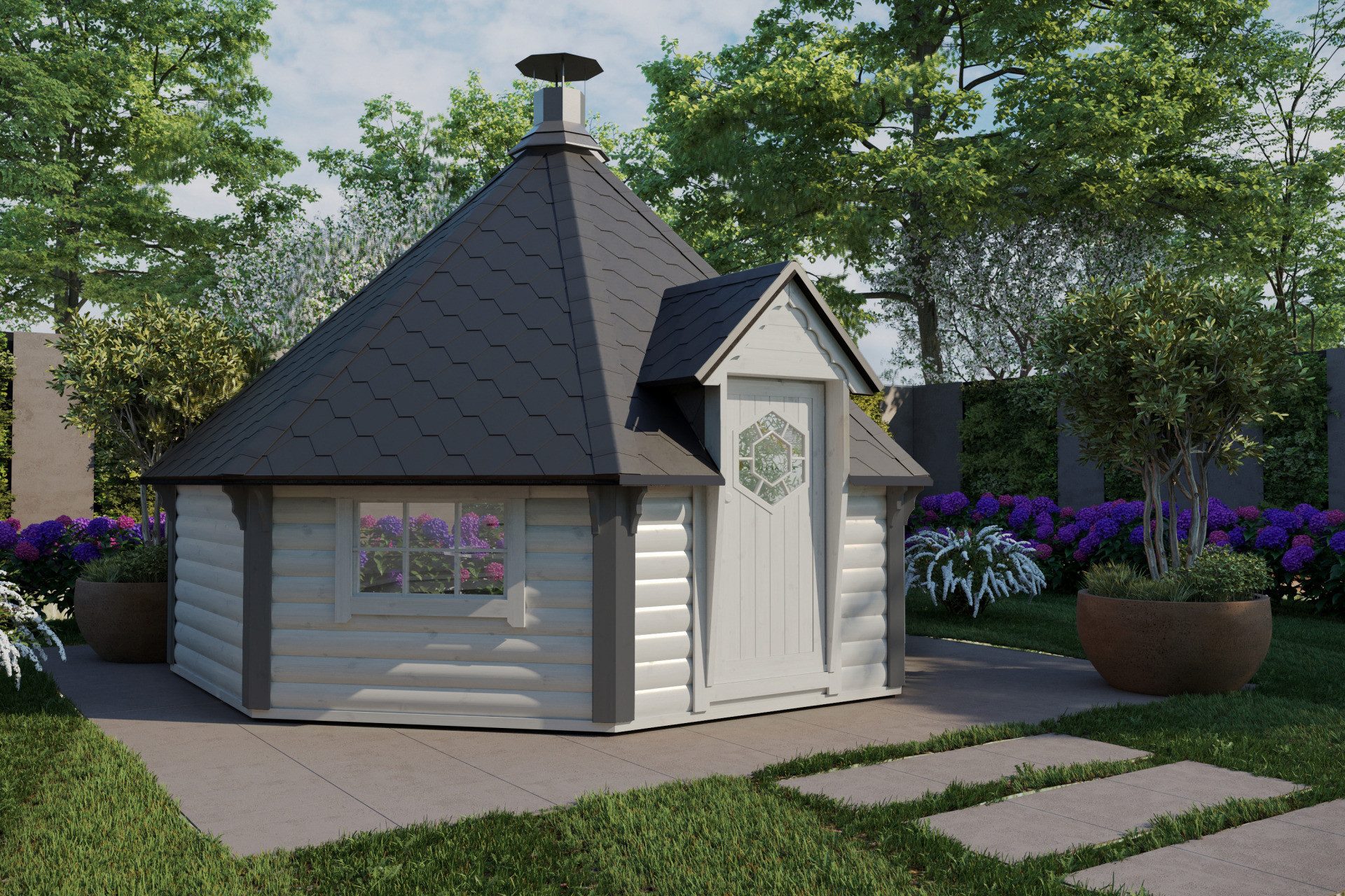 Finn Art Blockhaus Grillkota Grillpavillon 8-eckig Elegance 14,9 max. 21 Personen, BxT: 424x424 cm, Schindeln schwarz, mit Grillanlage, mit 18 mm Fußboden