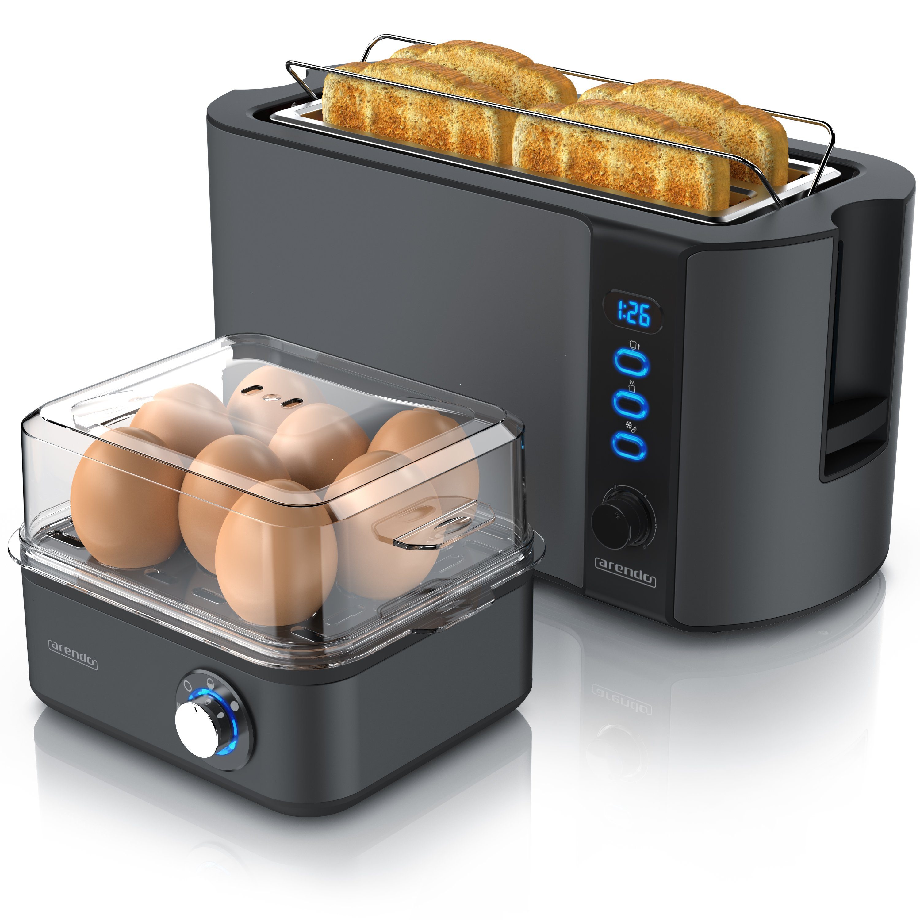 Arendo Frühstücks-Set (2-tlg), 4-Scheiben Langschlitz Toaster, 8er Eierkocher, Grau