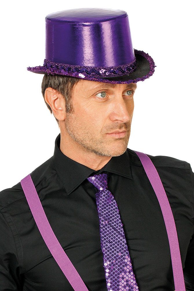 Karneval-Klamotten Kostüm Zylinder Hut lila Lamee mit Pailletten Band, Hut Zylinder Erwachsene Damen Herren Party Accessoir Karneval Fasching