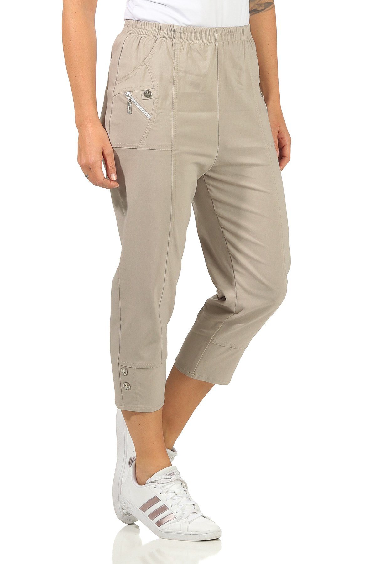 Aurela Damenmode 3/4-Hose Kurze Damen Casual, elastisch, Natur großen mit Schlupfhose 3/4 auch in angenehme Classic elastischem Stretchgewebe und leicht Sommerhose Bund, Größen, lang Basic, mit luftig