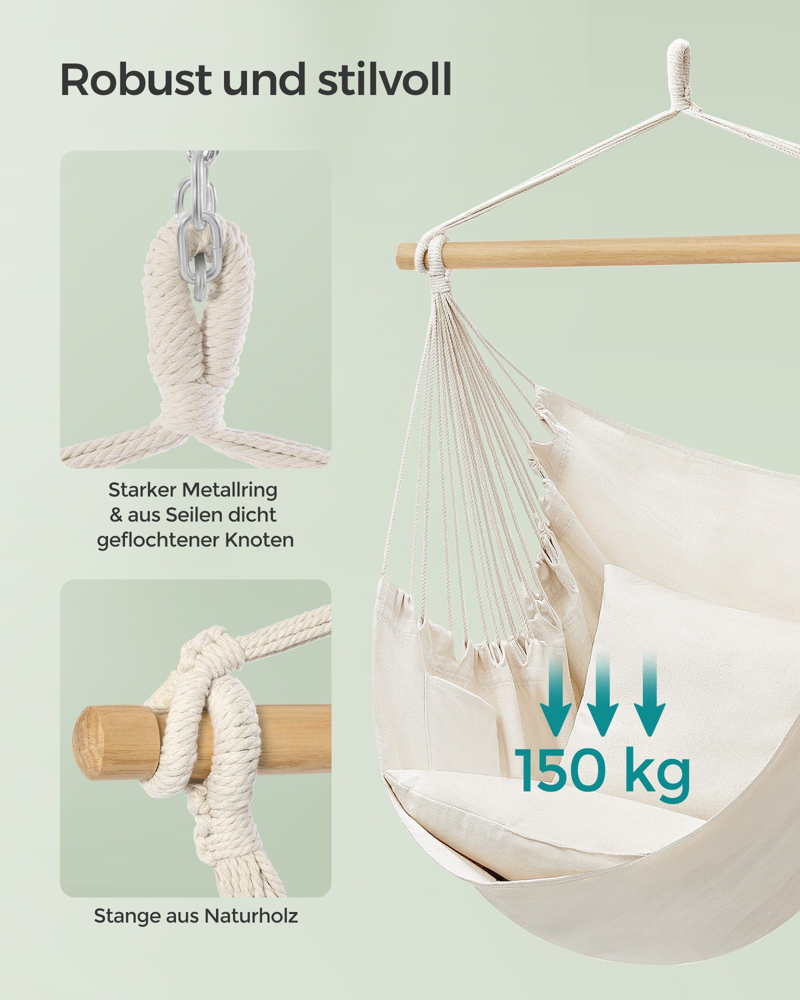 SONGMICS Hängesessel Hängeschaukel mit 2 Kissen, bis 150 kg belastbar, Indoor und Outdoor, Wohnzimmer, Metallkette – Bild 5 von 5