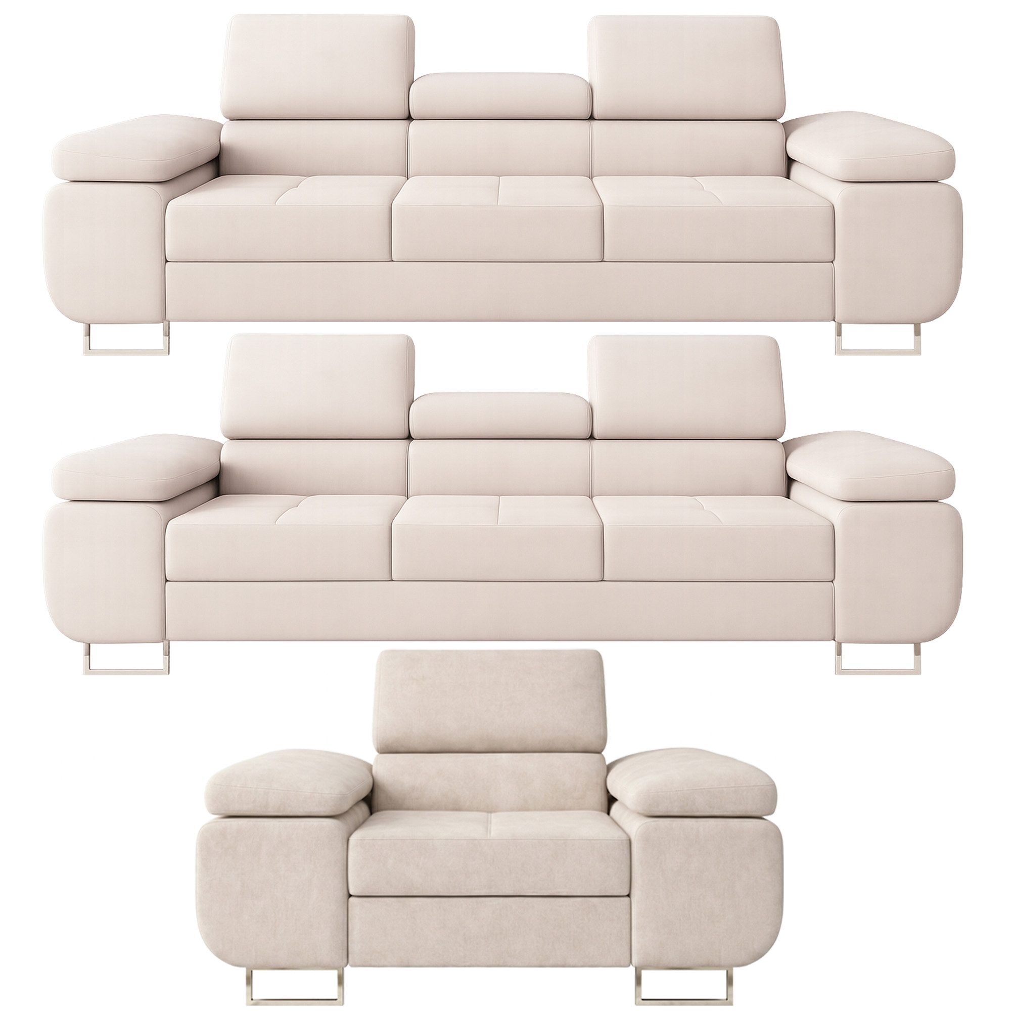 M-Punkt24 Polstergarnitur Sofa Wohnlandschaft DUBAI, (3-3-1, mit Bettfunktion, XL Sofa-Set, Bigsofa, Samt, Creme), Bestehend aus 3-Sitzer mit Bettfunktion, Sessel