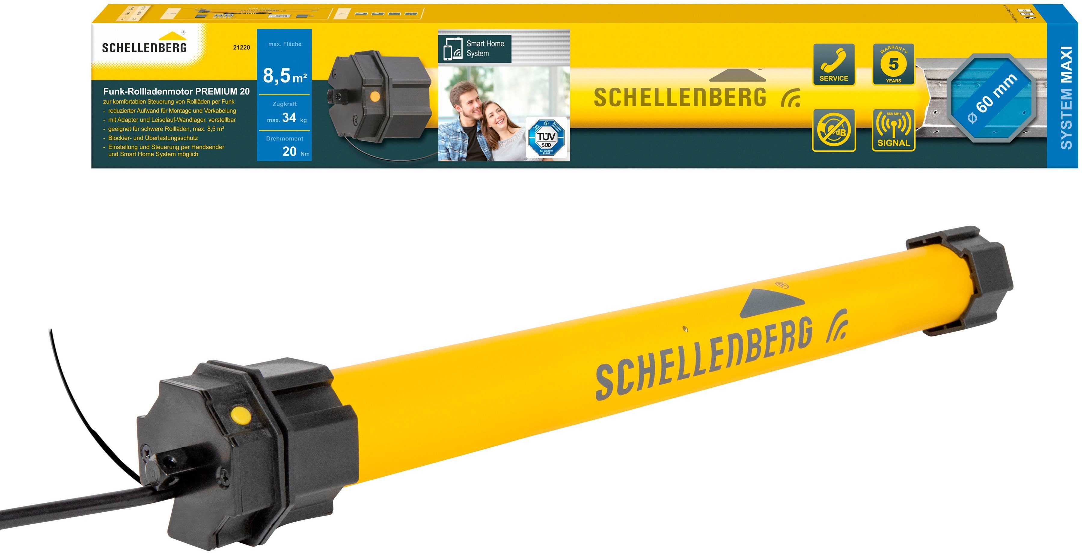 SCHELLENBERG Rollladenmotor Premium, Rohrmotor mit Funk Endlageneinstellung, geeignet für 60 mm Rollladenwellen, Maxi, 20 Nm, Zugkraft 34 kg