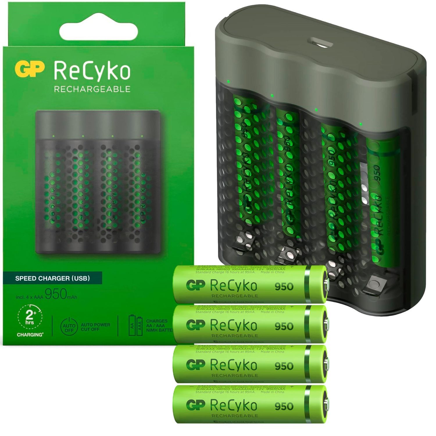 GP Batteries USB Akku-Ladegerät AA / AAA + 4x AAA-Akku ReCyko Akku-Set Mignon 950 mAh (1,2 V, 5 St), Kompakt Schnell-Lader M451 + 4x AAA 950mAh Micro LR03 LR3 Batterie