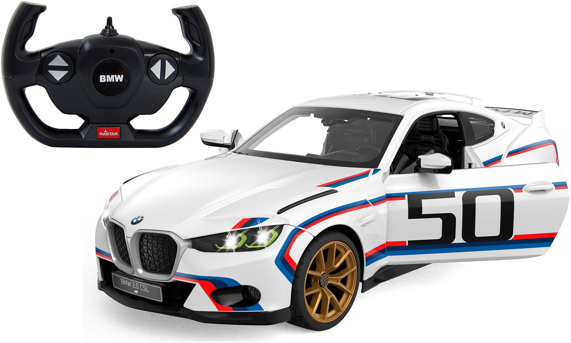 Jamara RC-Auto BMW 3.0 CSL 1:14 weiß 2,4GHz Tür manuell, im Maßstab 1:14, mit LED Beleuchtung
