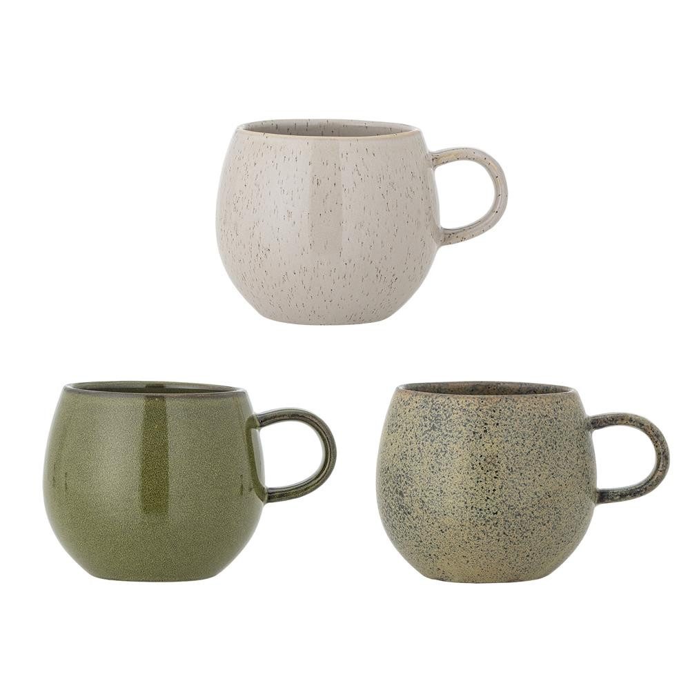 Bloomingville Tasse Addison Tassen, Grün, Steingut, D10,5xH10 cm, Set of 3, Steingut, Reaktive Glasur, Rustikal, Runde Form, Komfortabler Henkel, Unikat
