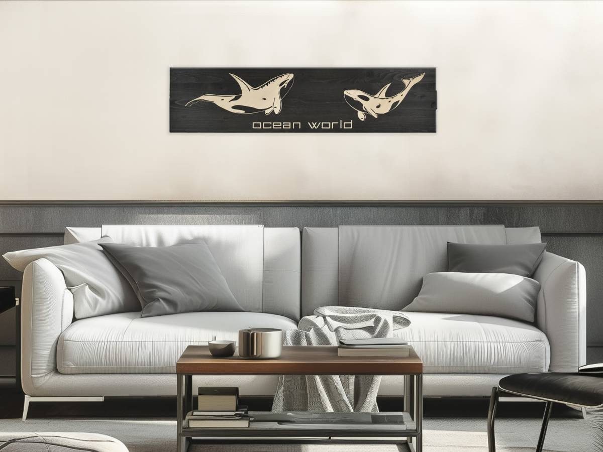 Raumzutaten Holzbild "Ocean World" 80x20cm Ozeanwelt, Orcas, Wandbild aus Holz, Farbe: ebenholz, Silhouetten: Orcas