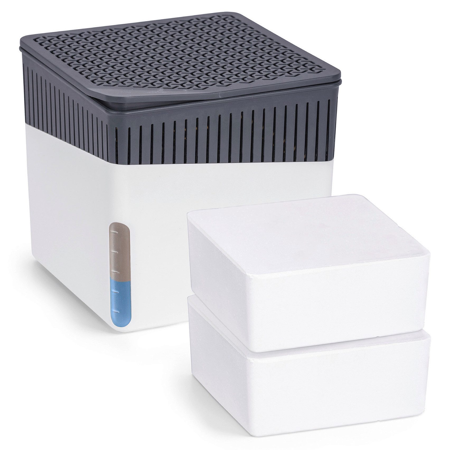 WENKO Luftentfeuchter Modell Cube, für 80 m³ Räume, Tank 1,6 l, mit 2 x 1000 g Entfeuchter-Blöcken, für Räume bis 80 m³