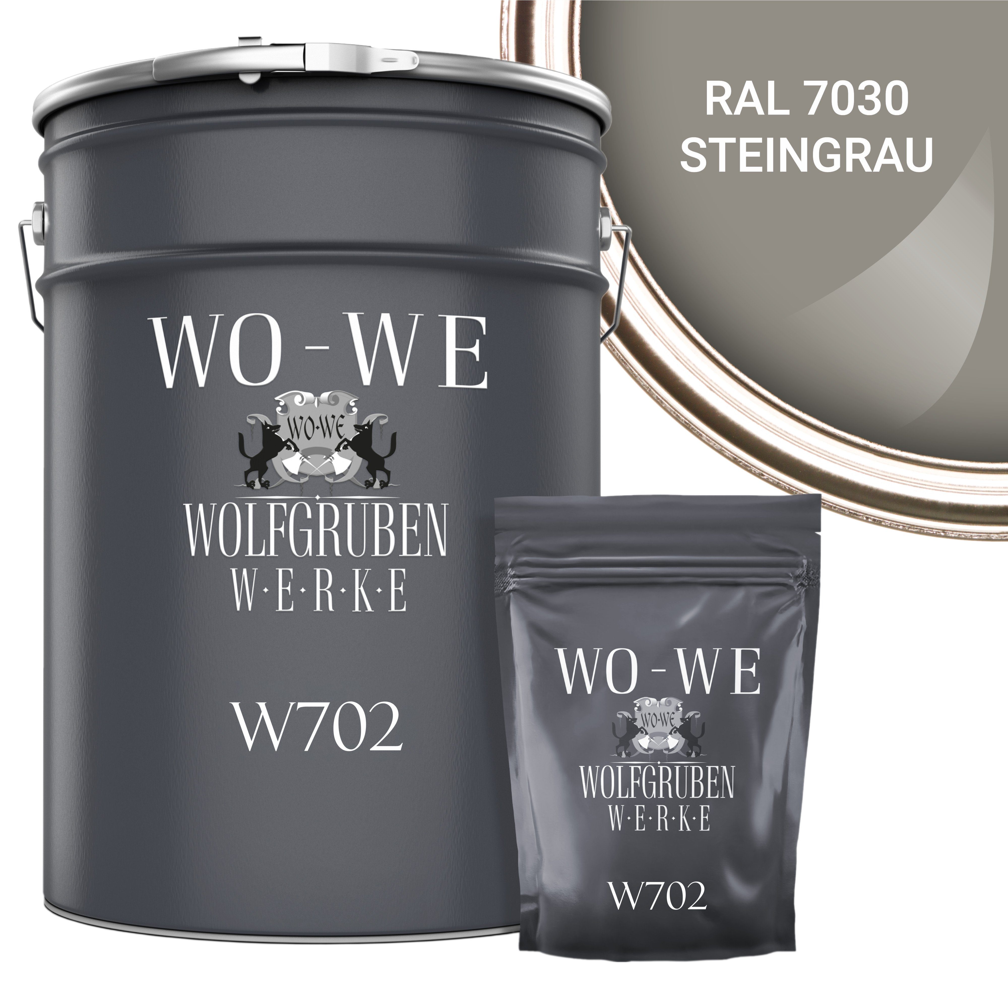 WO-WE Bodenversiegelung 2K Garagenfarbe Bodenbeschichtung W702, 2,5-20Kg, Seidenglänzend, Epoxidharz RAL 7030 Steingrau