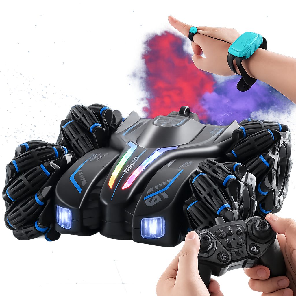 Goldstern-Tech RC-Auto (Steuerung per Fernbedienung & Handgesten, Soundeffekte für ein immersives Spielerlebnis), 360° Stunt Car mit Drift, Rauch & LED-Licht