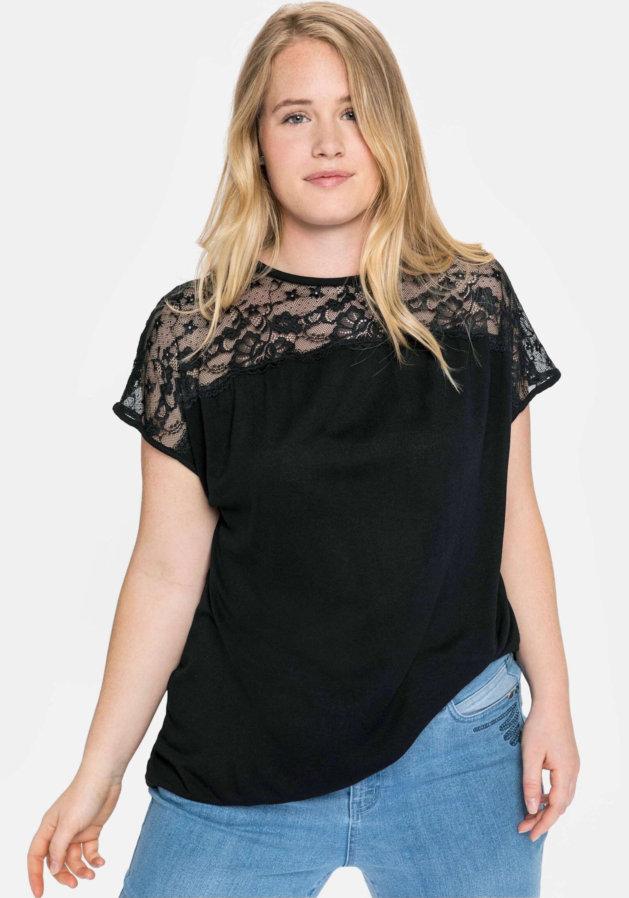 Sheego T-Shirt Spitzenshirt Kurzarm mit Spitzenpasse an der Schulterpartie