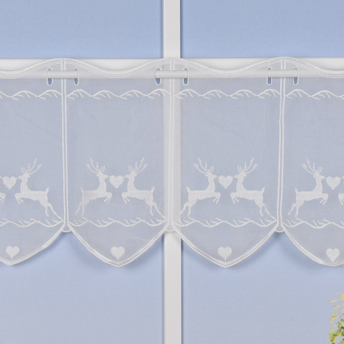 SCHÖNER LEBEN. Meterware Stickerei-Scheibengardine transparent und nähfrei Hirschen und Herzen, halbtransparent, Stickerei/Stickstoff, bestickt