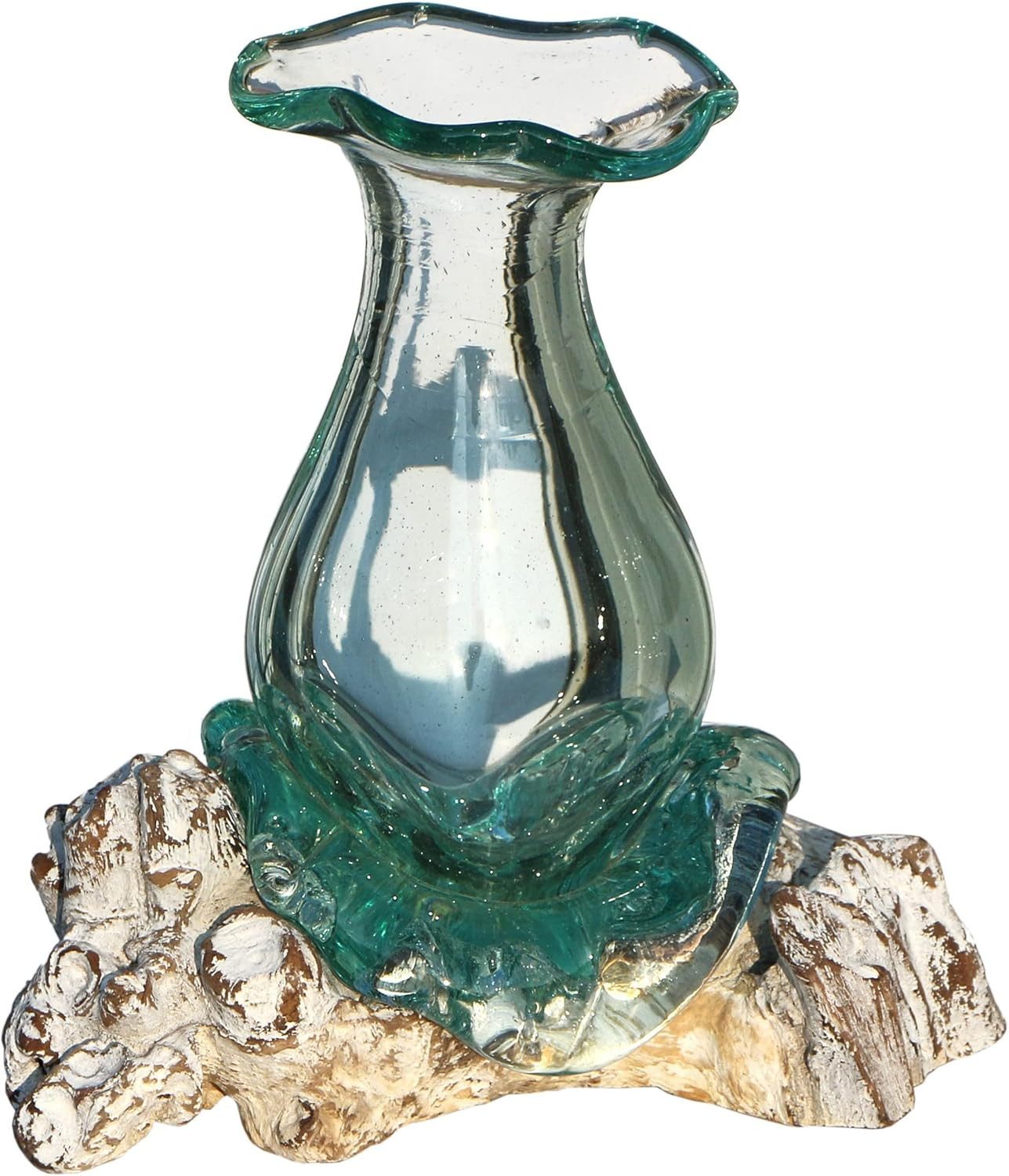Wogeka Dekovase Glas-Vase Athena auf weißem Wurzelholz Kanne Teakholz Gamal Bali Vase