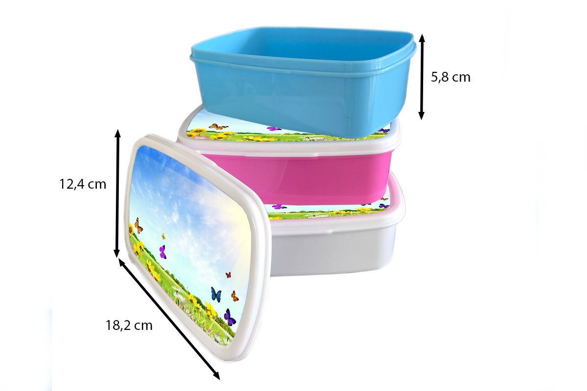 Mädchen Kinder Erwachsene, Brotbox Kunststoff, für Jungs Blumen und Schmetterlinge (2-tlg), weiß - - Brotdose, MuchoWow Sommer, und Lunchbox für