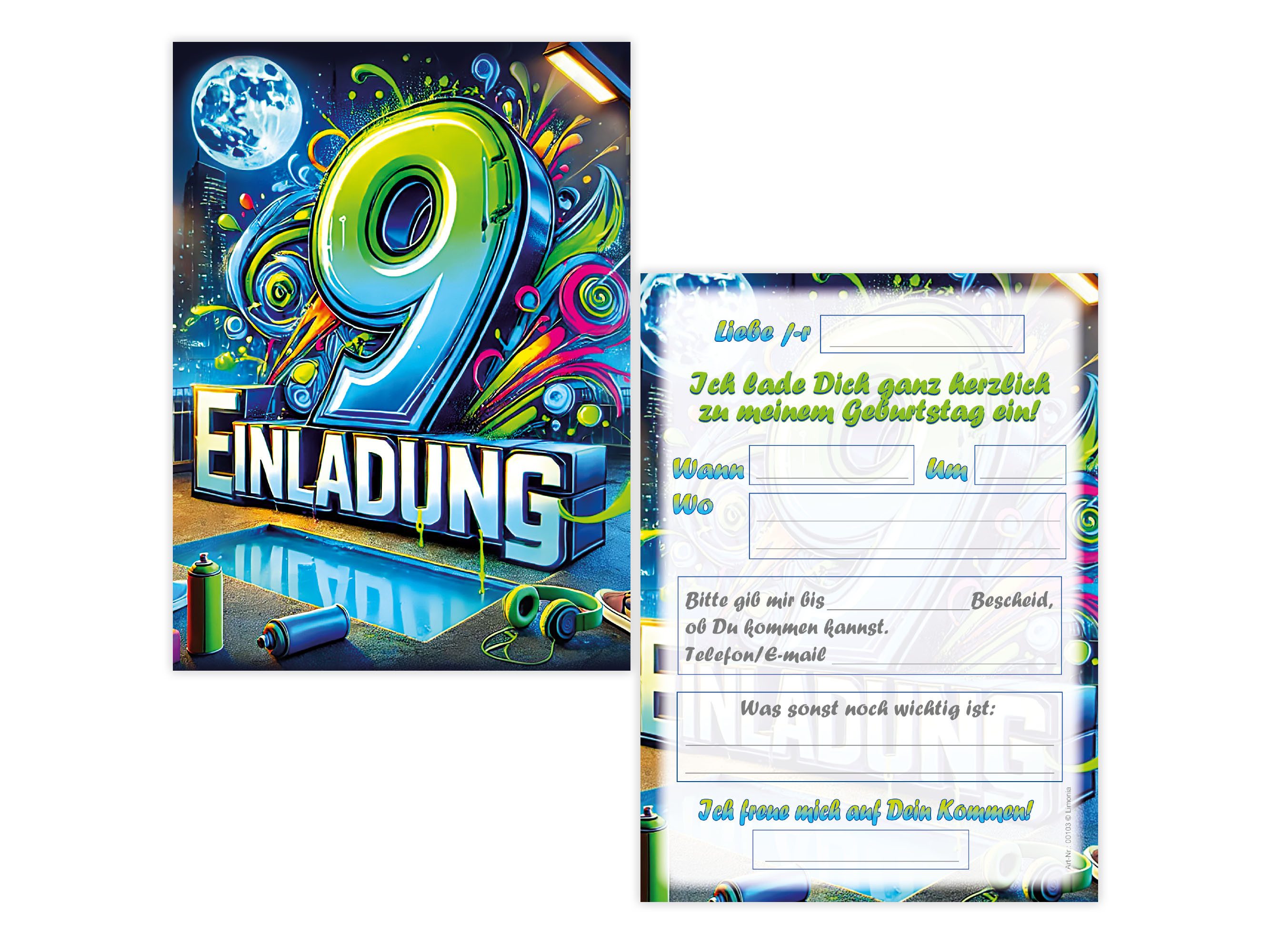 LIMONIA Einladungskarten Graffiti zum Kindergeburtstag Mädchen Jungen Einladungen neon, Einladungskarten zum 9. Geburtstag mit Graffiti Motiv