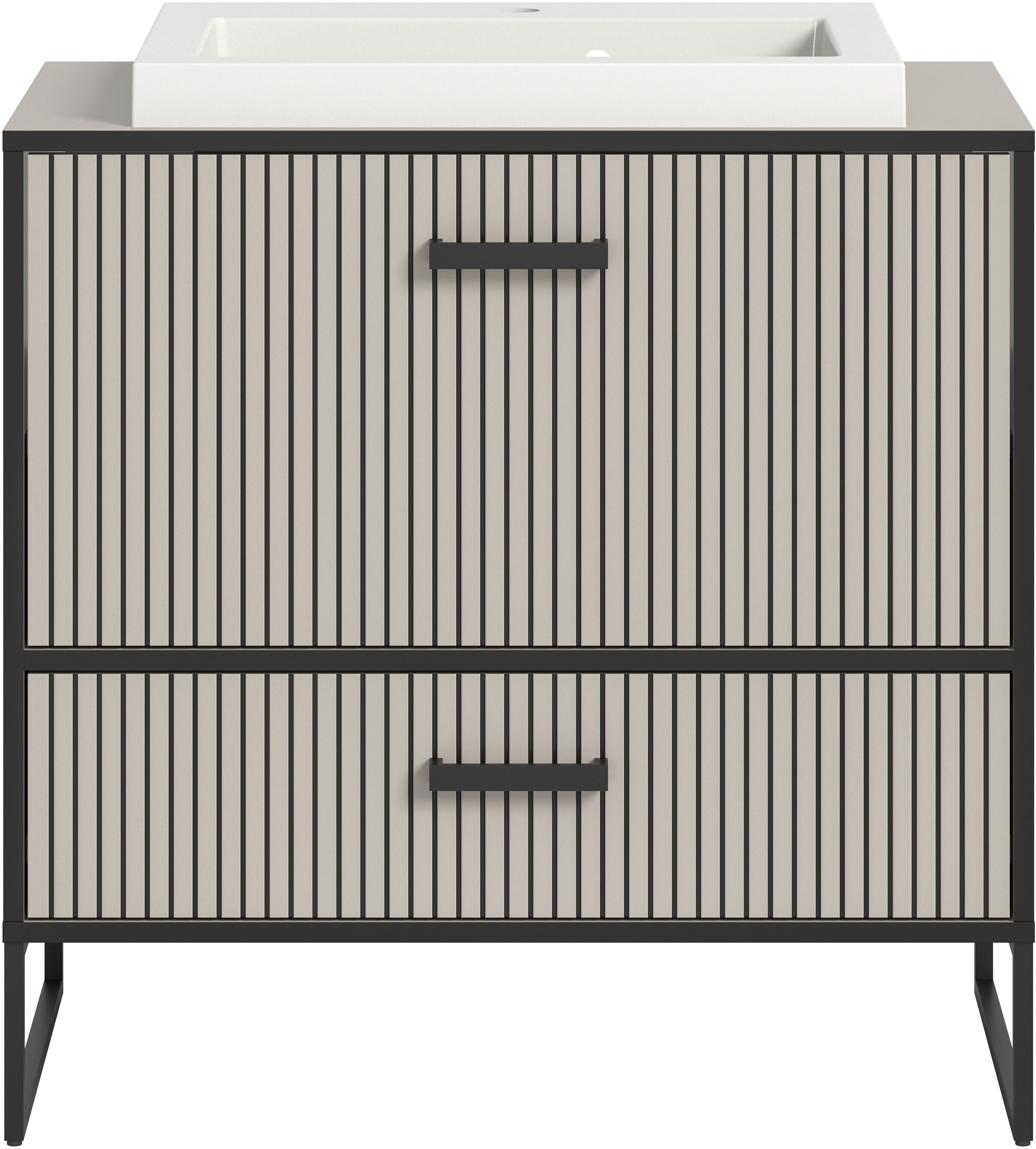 welltime Waschbeckenunterschrank Locri, Höhe 84 cm, Rillenoptik, Metallkufen (2-St) Aufsatzwaschbecken, modernes Design, Unterschrank, Badschrank, Bad – Bild 4 von 5