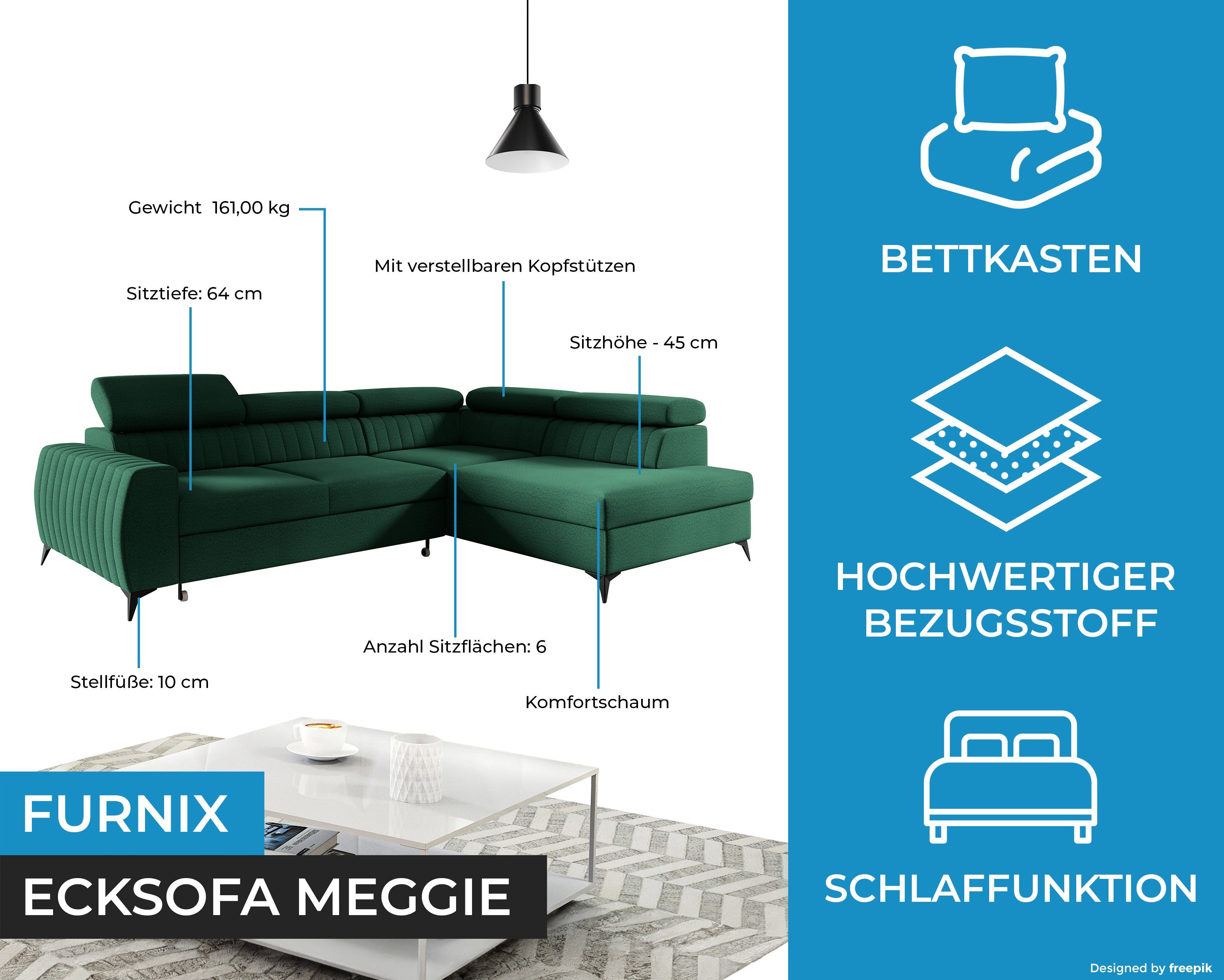 Furnix T200 Schlaffunktion 130 Polstercouch x MEGGIE 204 x Auswahl, B270 mit Liegefläche: Dunkelgrün x H95 Ecksofa Maße: cm Sofa cm, EL12 Bettkasten