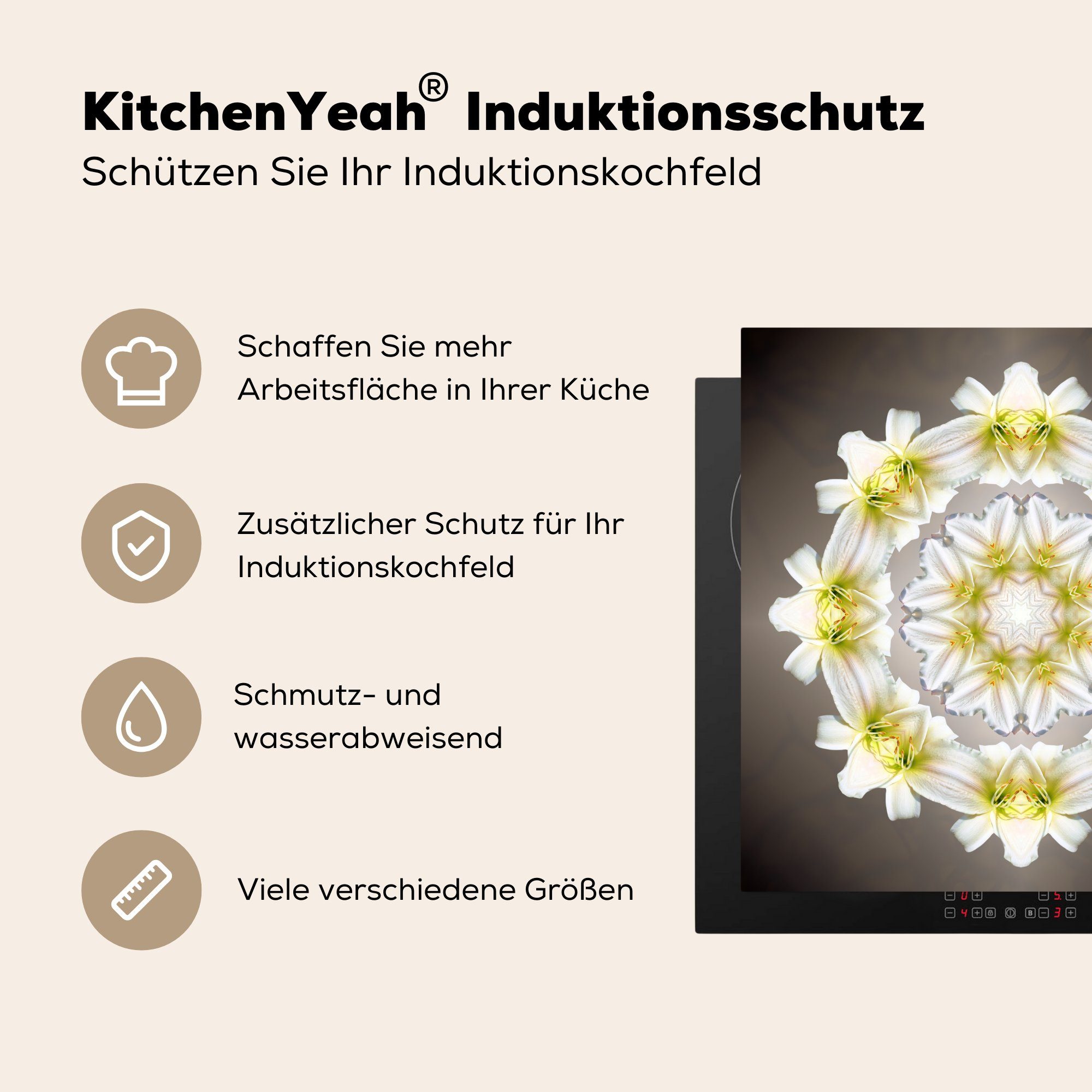 tlg), Herdblende-/Abdeckplatte Eine Ceranfeldabdeckung, (1 MuchoWow in eines Form weiße küche Arbeitsplatte Vinyl, für 78x78 Blume cm, Mandalas,