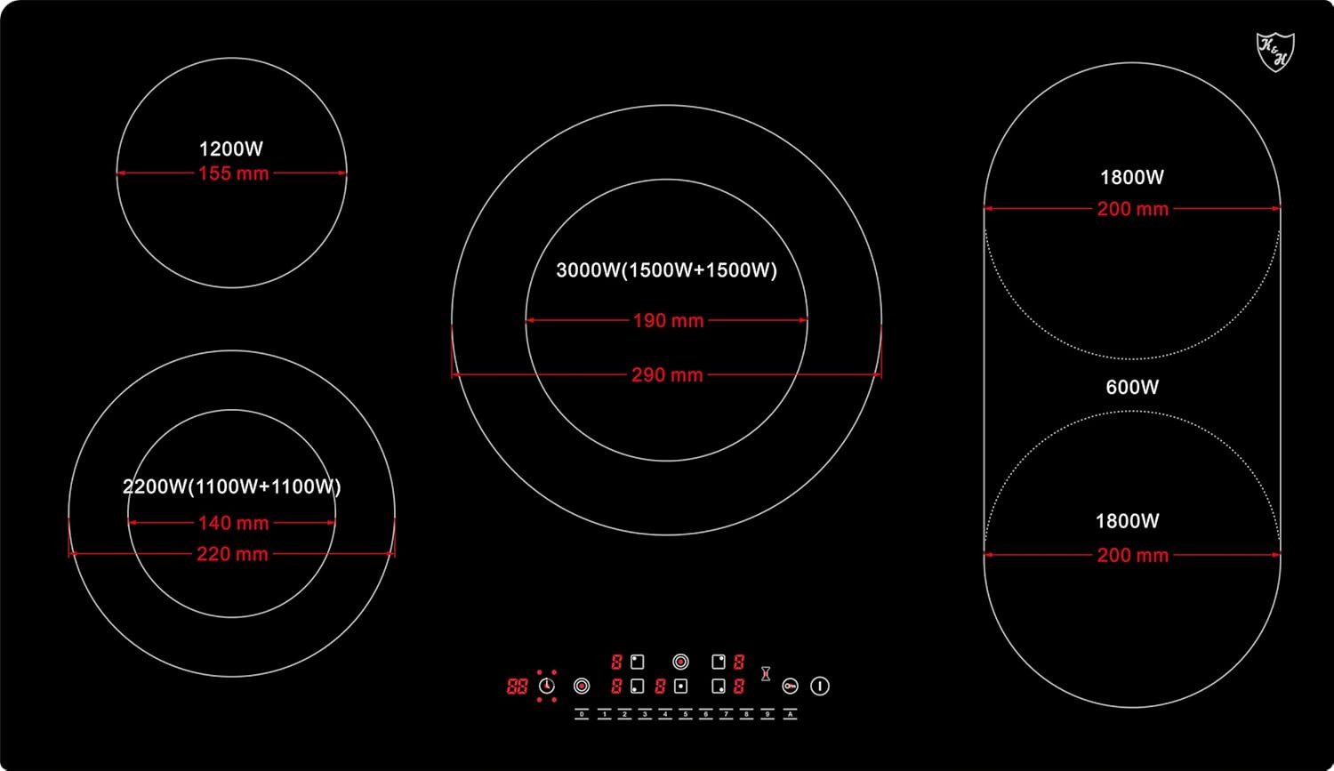 K&H Elektro-Kochfeld K&H 5 Zonen Glaskeramikkochfeld 90cm Elektro Autark rahmenlos NC-10209