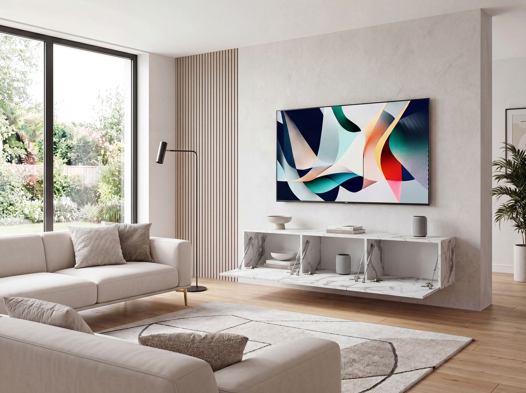 FINEBUY Lowboard FB58627 TV Schrank Hängend 160 cm Marmor-Optik TV-Kommode Klapptür (Marmor-Optik Weiß 120x30x30 cm mit zwei Türen), TV-Kommode Hoch, TV-Schrank Modern, Fernsehtisch
