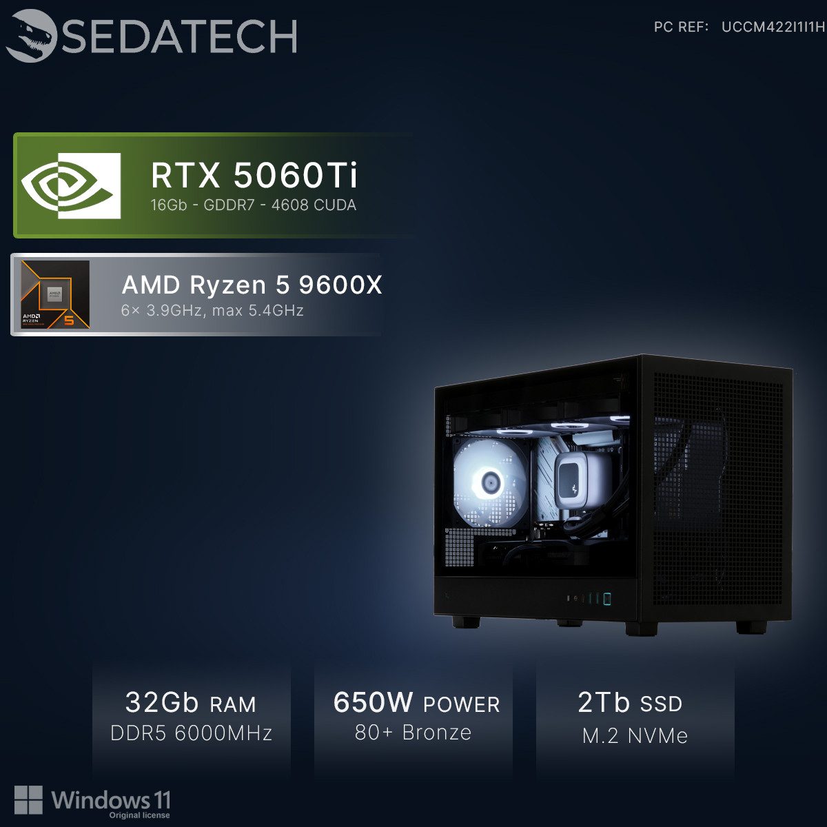 Sedatech UCCM422I1I1HF - Watercooling Gaming Gaming-PC (AMD Ryzen 5 9600X 6x 3.9GHz (max 5.4GHz), Geforce RTX5060Ti (16G) 16GB, 32 GB RAM, 2000 GB SSD, Watercooling, Wlan 6E)