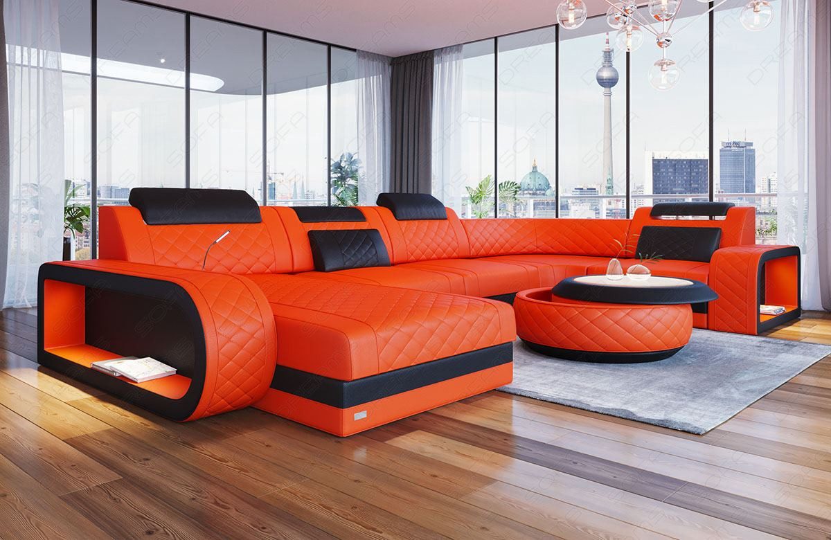 Sofa Dreams Wohnlandschaft Ledersofa Berlin Mini mit LED und USB, Designersofa, verschied. Lederarten und Farben