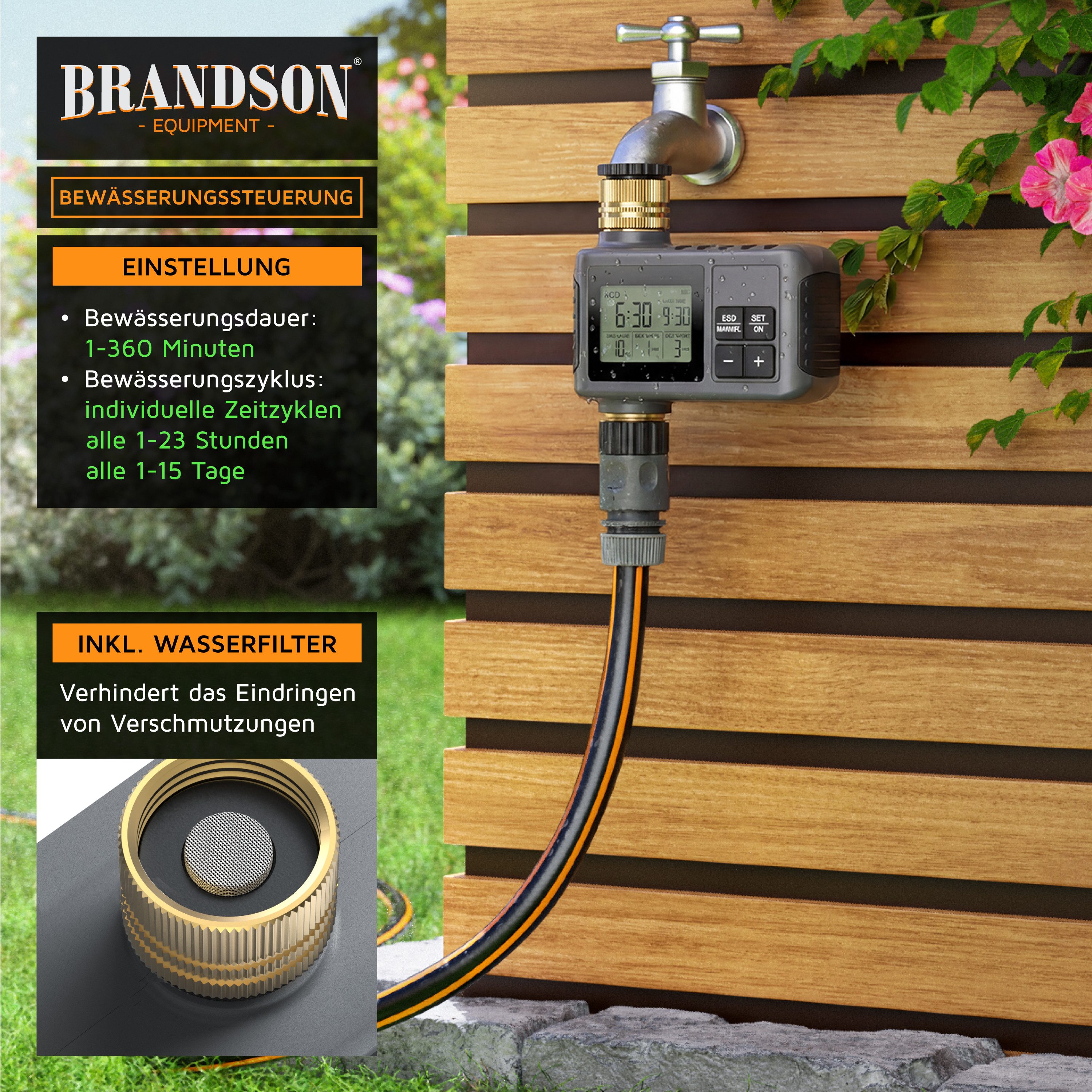 Brandson Bewässerungssteuerung digital mit Display, Bewässerungcomputer, Wasserzeitschaltuhr, Automatische Bewässerung für Balkon Terrasse Garten, IPX5