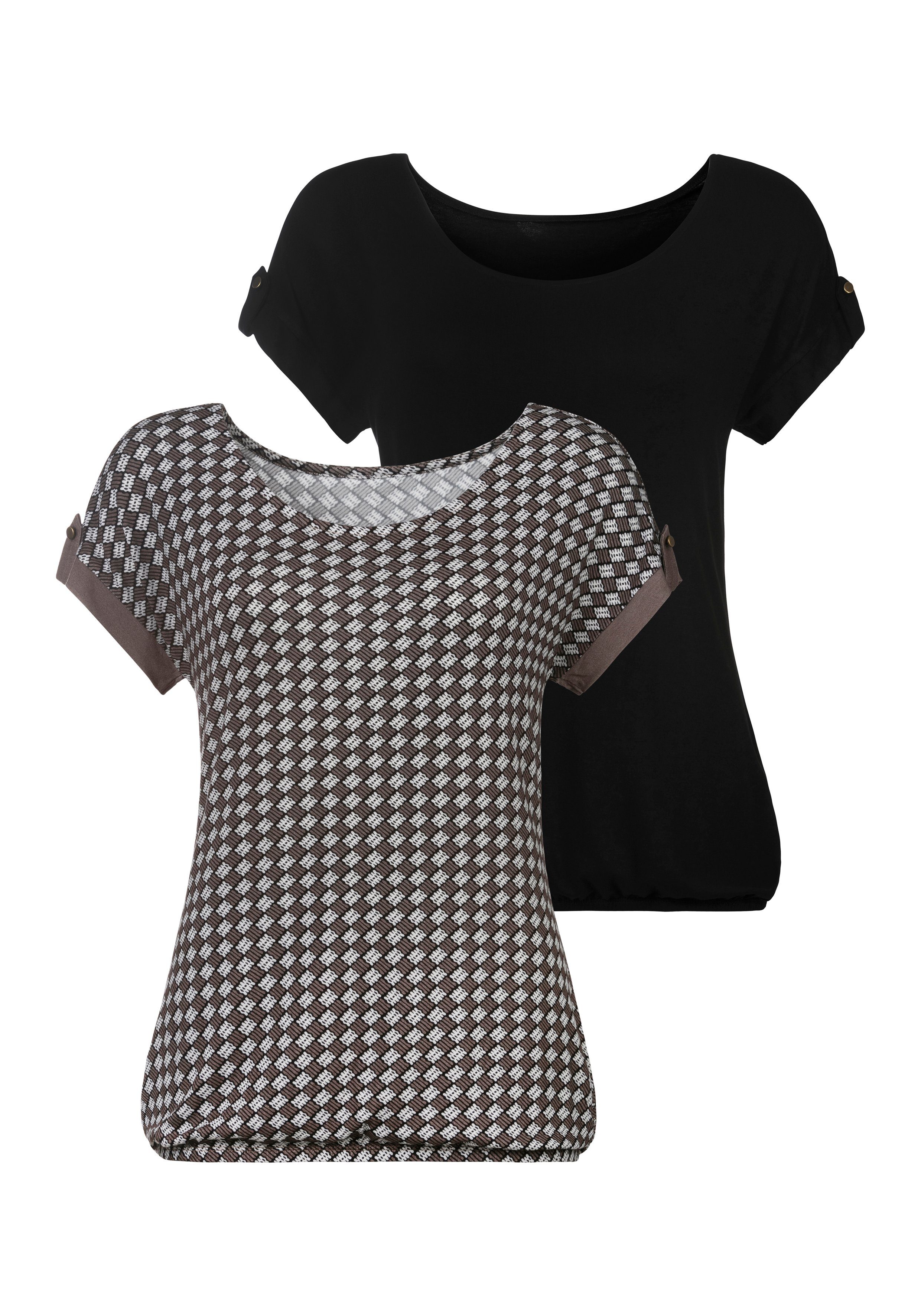 Vivance T-Shirt (2er-Pack) mit kleinem Beleg und goldfarbenen Knopf am Ärmelsaum. Reduzierter Preis € 22,99. Unverbindliche Preisempfehlung € 39,99, (€ 11,50 pro 1 Stk)