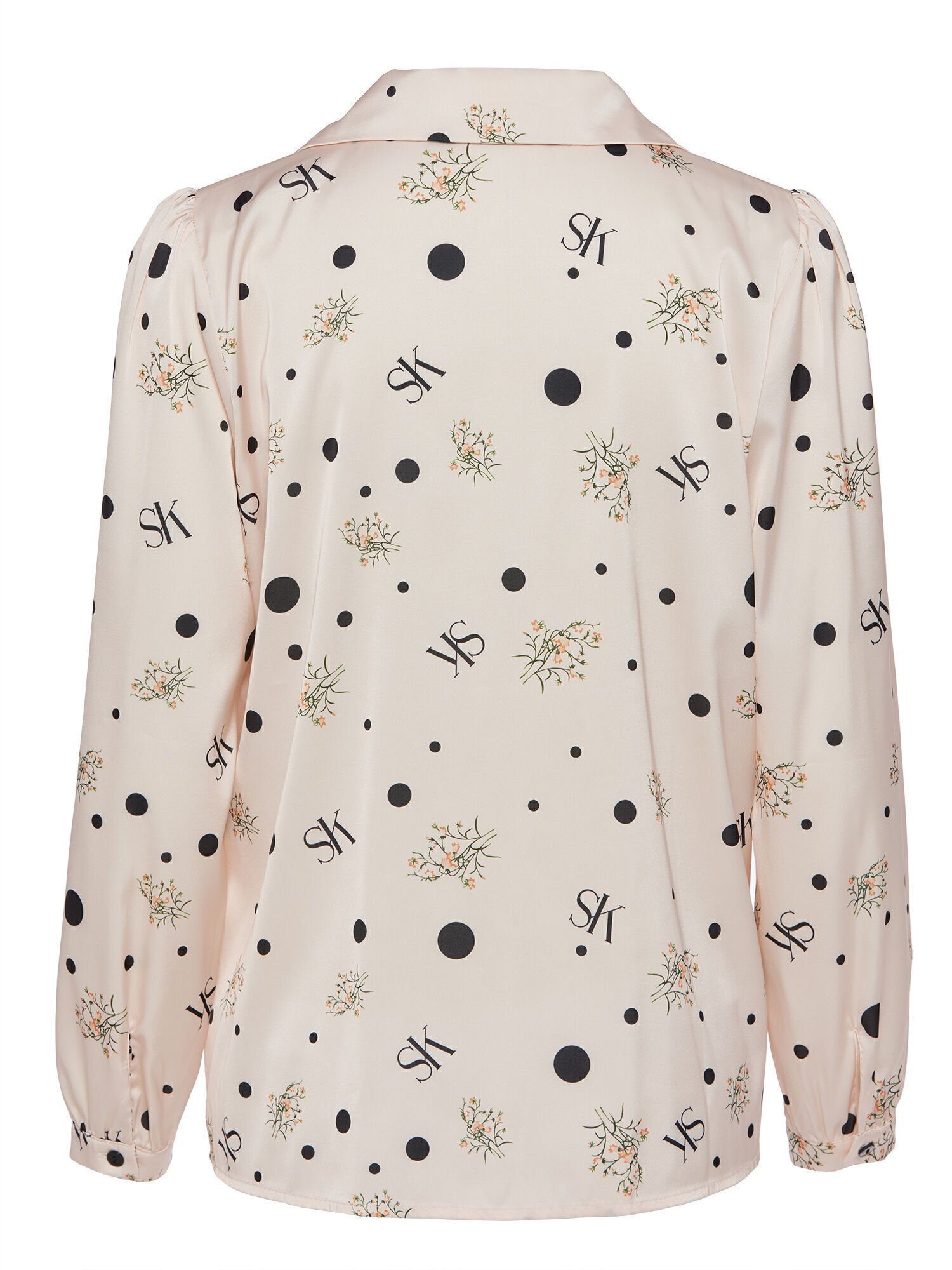 Sarah Kern Druckbluse Langarmshirt figurumspielend mit floralem Muster und schwarzen Punkten