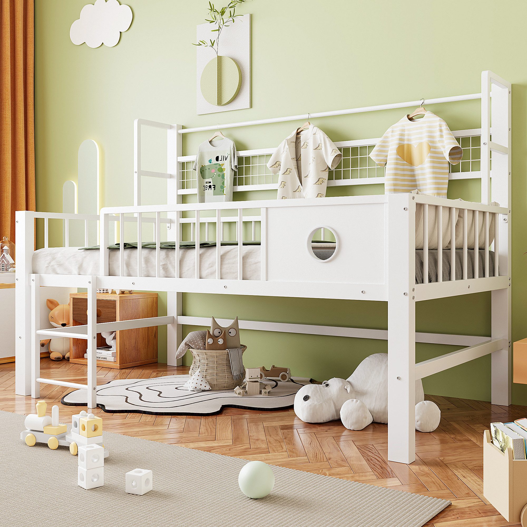 Flieks Kinderbett, Niedriges Hochbett Metallbett 90×200cm mit Netzregal Kleiderstange