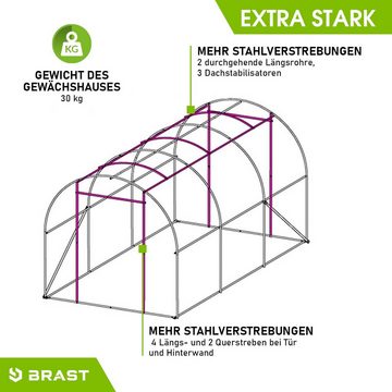 BRAST Foliengewächshaus Gewächshaus mit Stahlfundament Seitenwände aufrollbar, 4 Größen 2x3m 3x4m 3x6m 3x8m, Erdanker schwere Qualität Gitternetzfolie 175g/m²