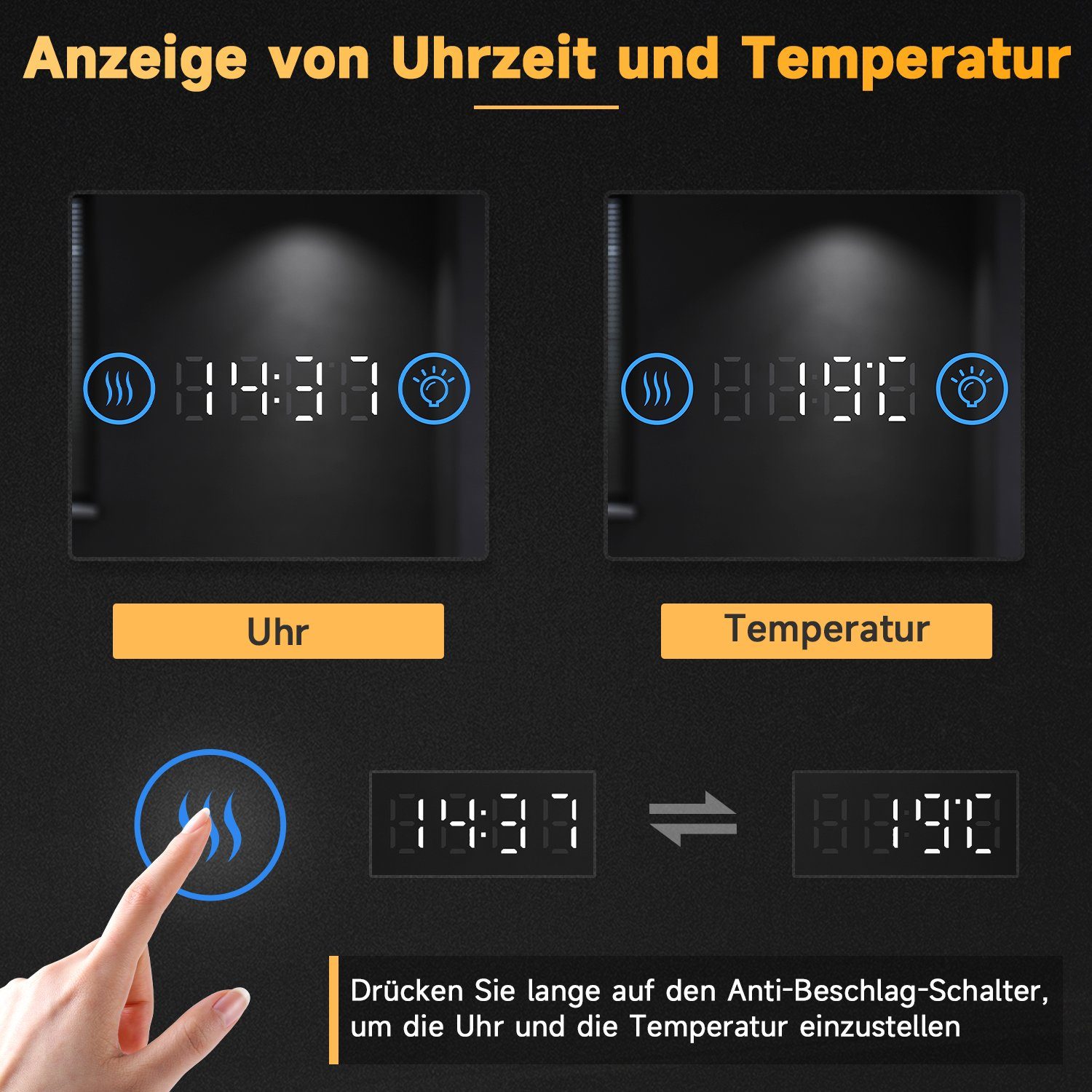 Badspiegel 80/100x60cm mit SONNI LED Uhr, IP44 Badspiegel Touch, mit Temperatur, Vergrößerung, einstellbar, Helligkeit Beschlagfrei, mit Beleuchtung 3-facher