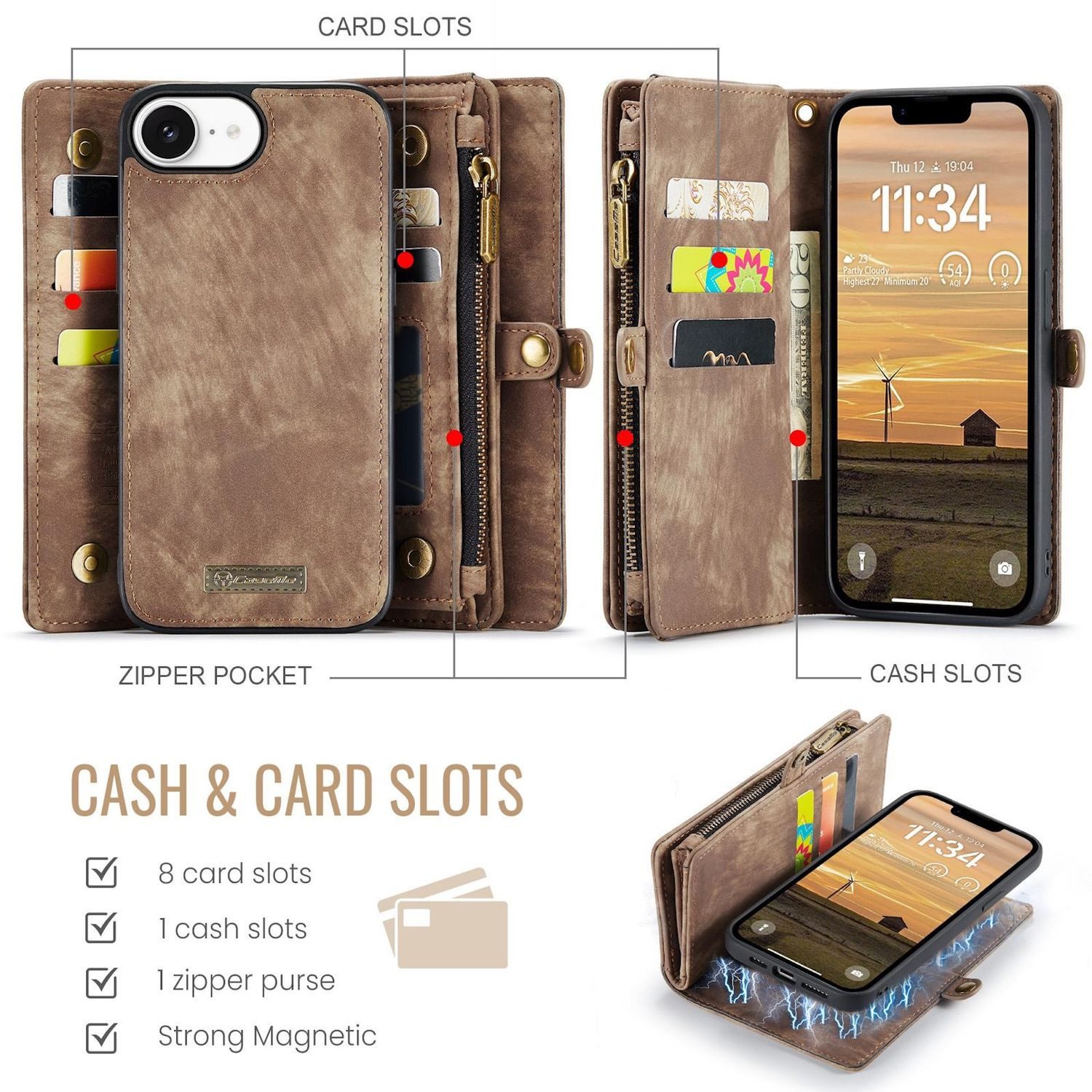 CaseMe Handyhülle Klapptasche für Apple iPhone 17e / 16e Kunstleder Multifunktion Zipper, Kunstleder Schutz Tasche Smart Case Multifunktion