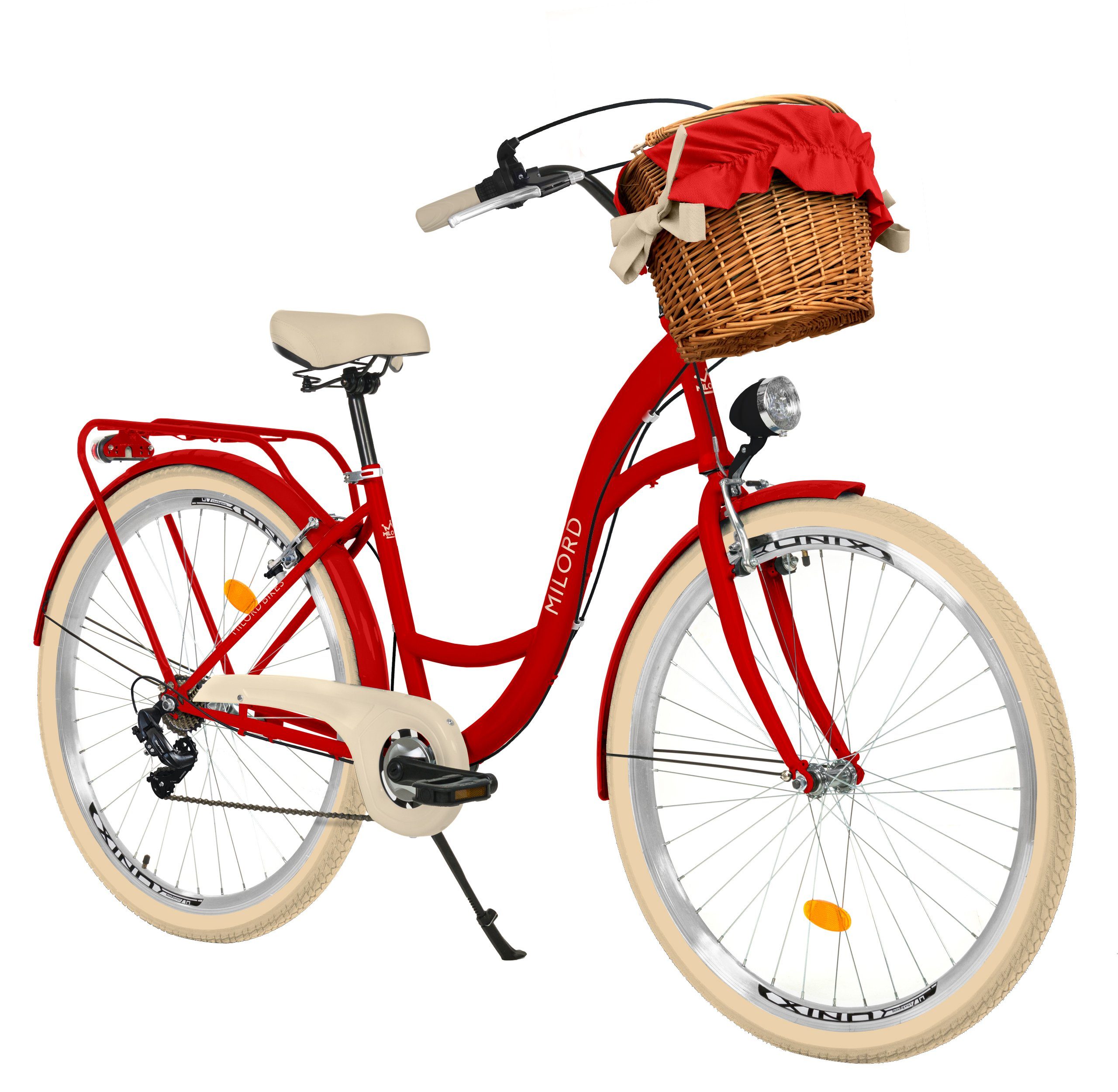 Cityrad Milord Komfort City Fahrrad Weidenkorb Damen, 28/26 Zoll, Rot, 7-Gang