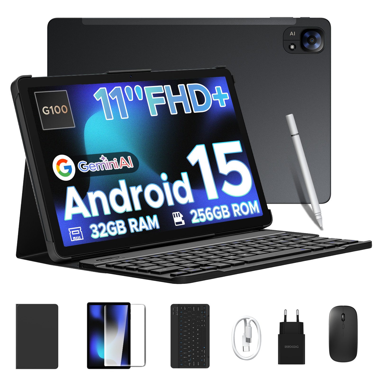 DOOGEE Tab E3 Android 15 AI Tablet mit Tastatur, Stift, Maus, Hülle, 11 Zoll Tablet (11", 256 GB, Android 15, 4G LTE + 5G WiFi, 32GB + 256GB (2TB TF), 8800mAh Tablets mit SIM Card Slot,Face ID/OTG)