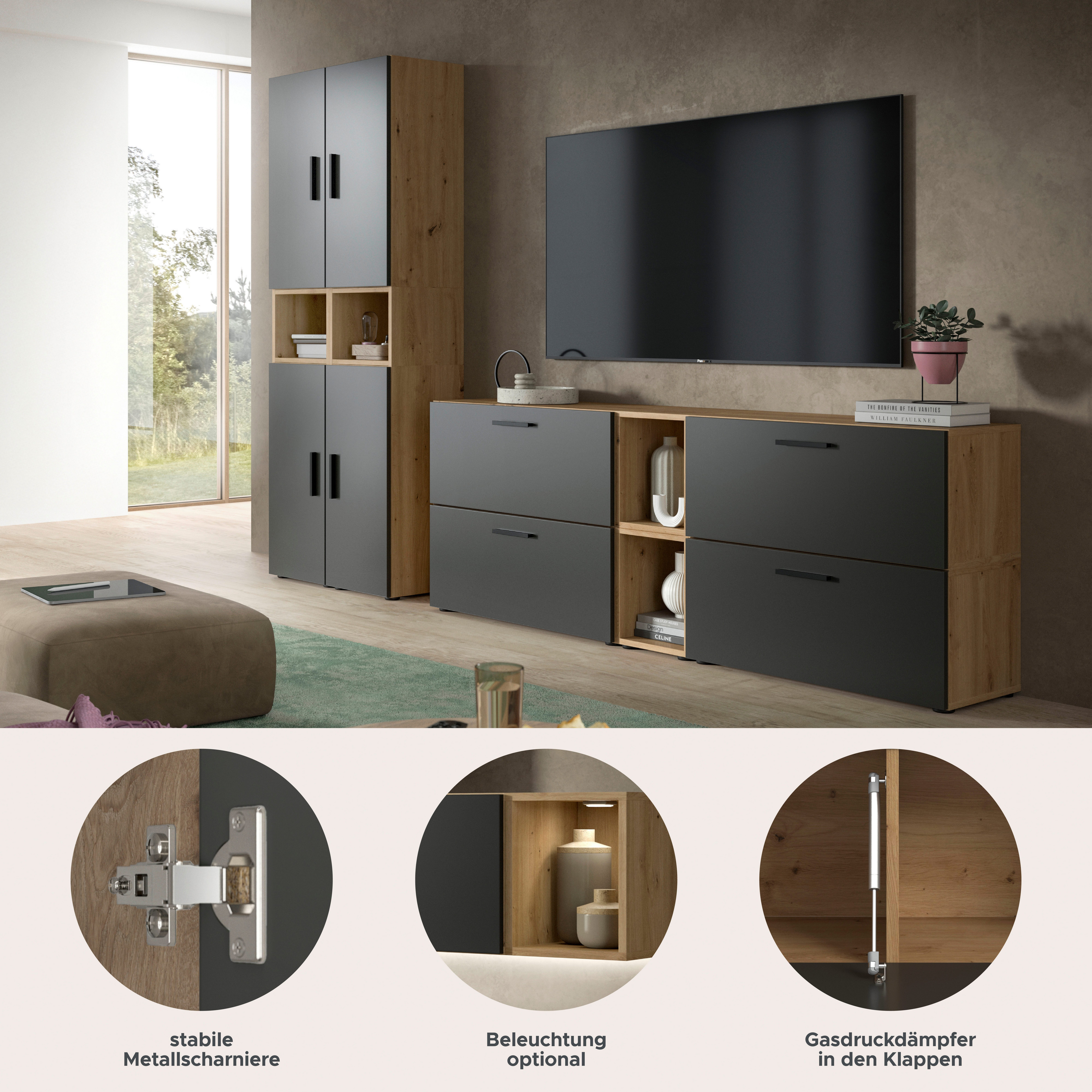 Home affaire Schrank-Set ENESTE, 12-teilig, in verschiedenen Farben, individuell kombinierbar, (4-St., verschiedenste Kombinationmöglichkeiten, stehend oder hängend), Stauraumelement, Kombination, Wohnkombination, Schrankwand, Lowboard