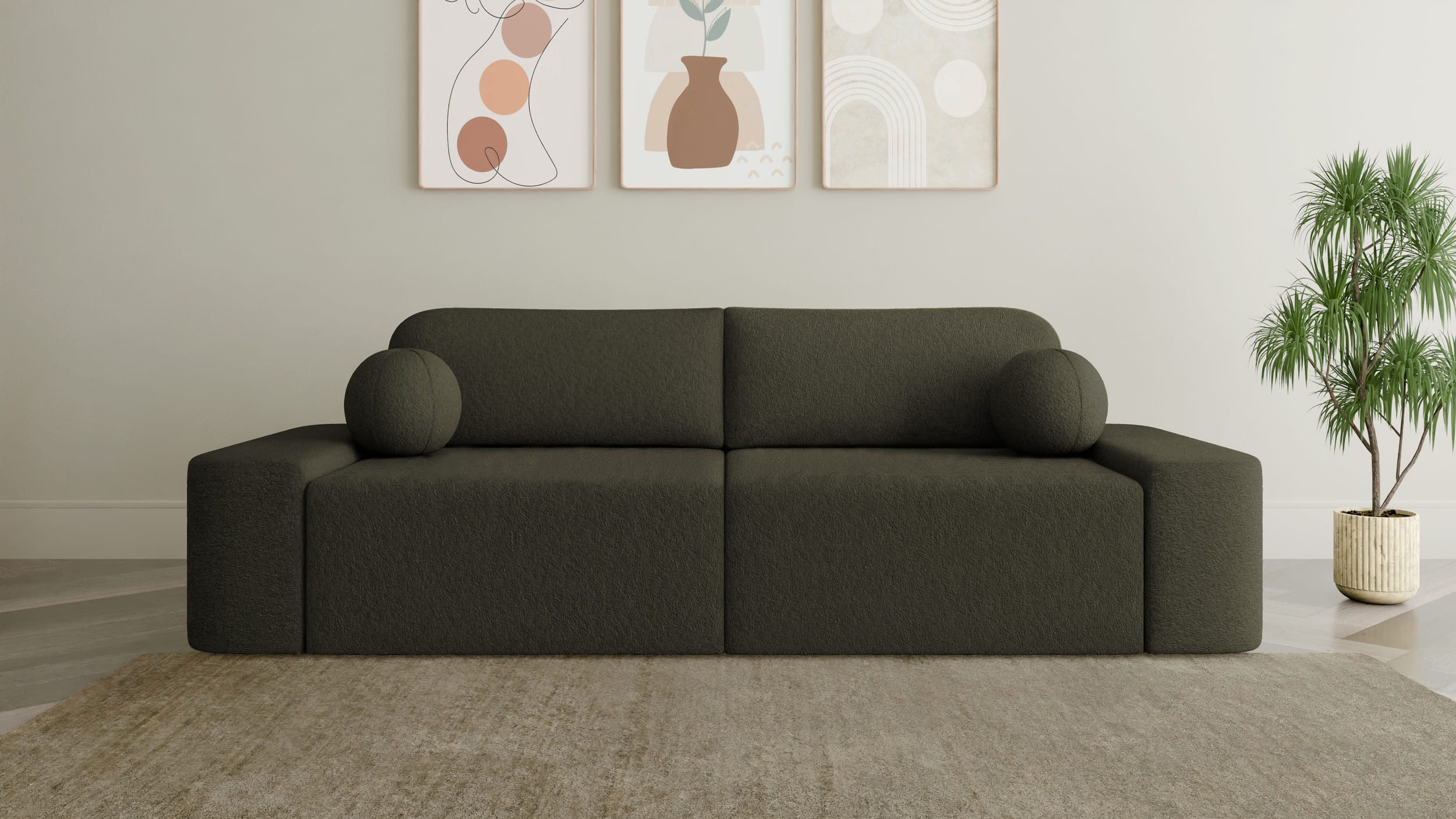 MOEBLO Sofa Lisbon aus Bouclé, – 268 cm – modernes Sofa mit Bettfunktion, Bettkasten & gepolstertem Rücken & Zierkissen – Komfort-Couch fürs Wohnzimmer, Couch Polstermöbel Sitzmöbel Wohnzimmermöbel 3-Sitzer-Sofa Stoffsofa, (BxHxT):268x85x110 cm